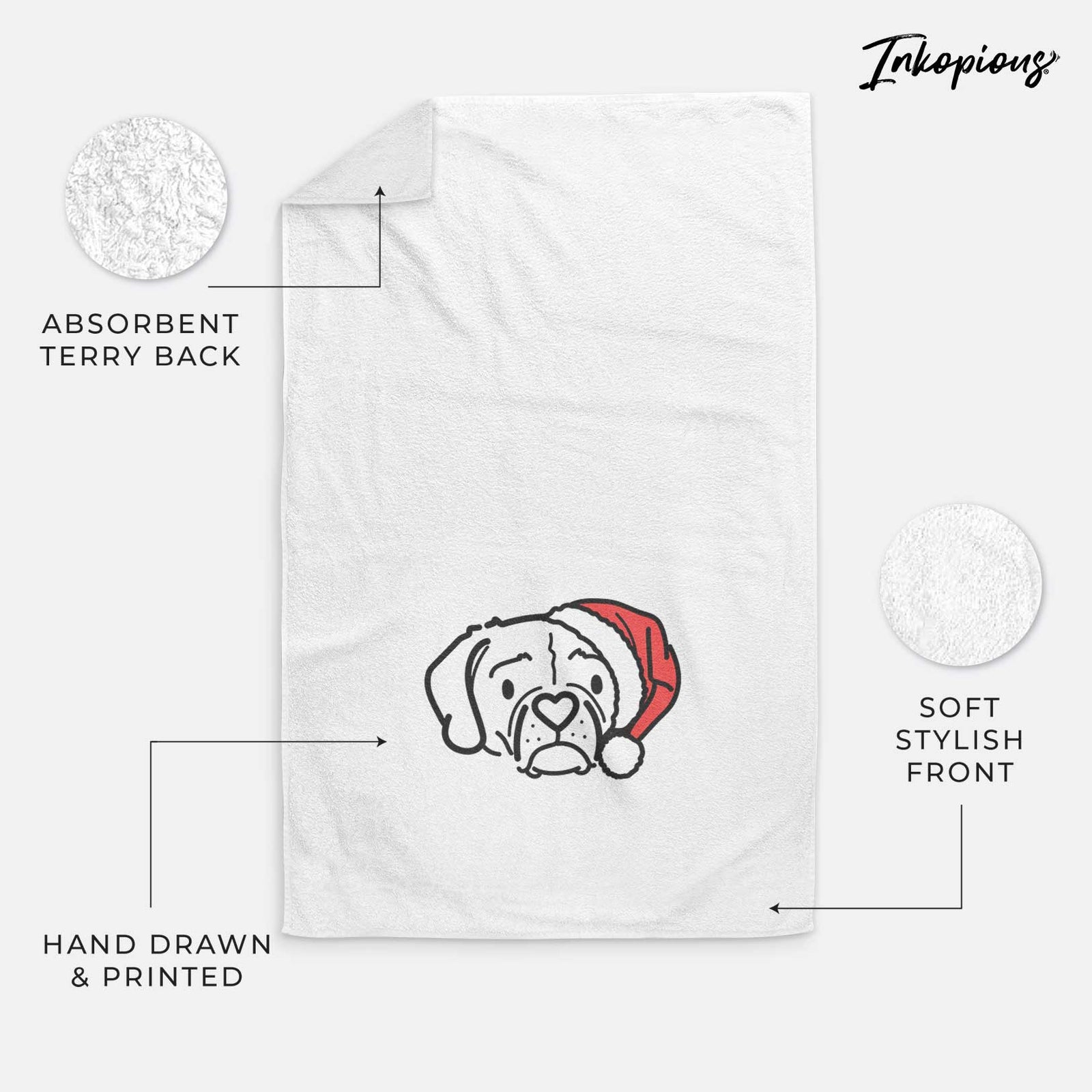 Minimalist line drawing of Mitzi the Puggle wearing a Santa hat on a decorative hand towel