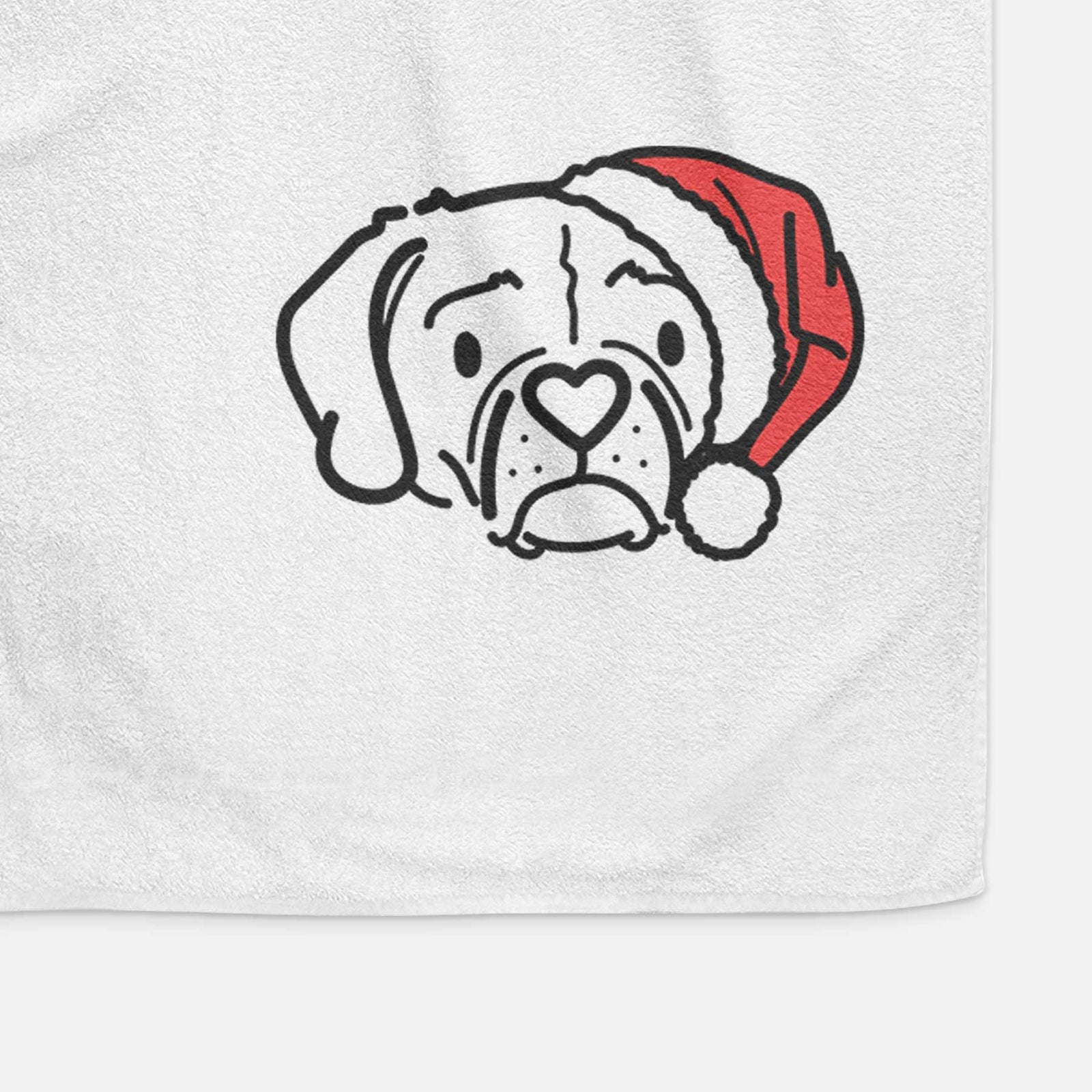 Minimalist line drawing of Mitzi the Puggle wearing a Santa hat on a decorative hand towel
