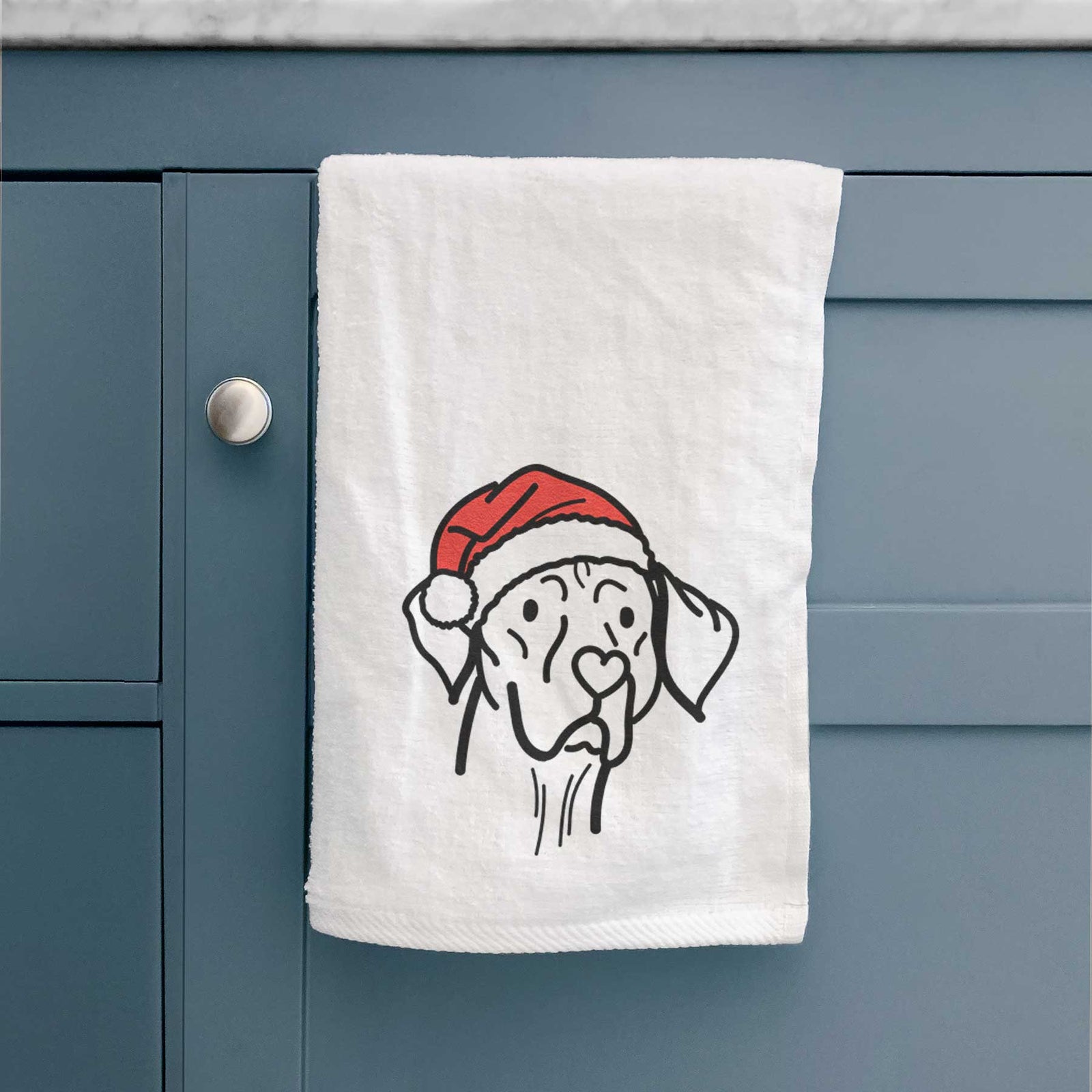 Minimalist line drawing of Moose the Vizsla wearing a Santa hat on a decorative hand towel