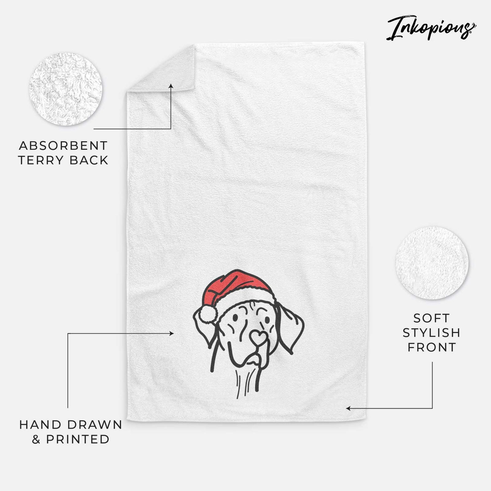 Minimalist line drawing of Moose the Vizsla wearing a Santa hat on a decorative hand towel