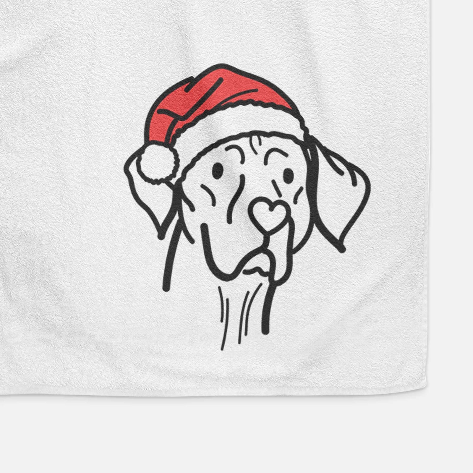 Minimalist line drawing of Moose the Vizsla wearing a Santa hat on a decorative hand towel