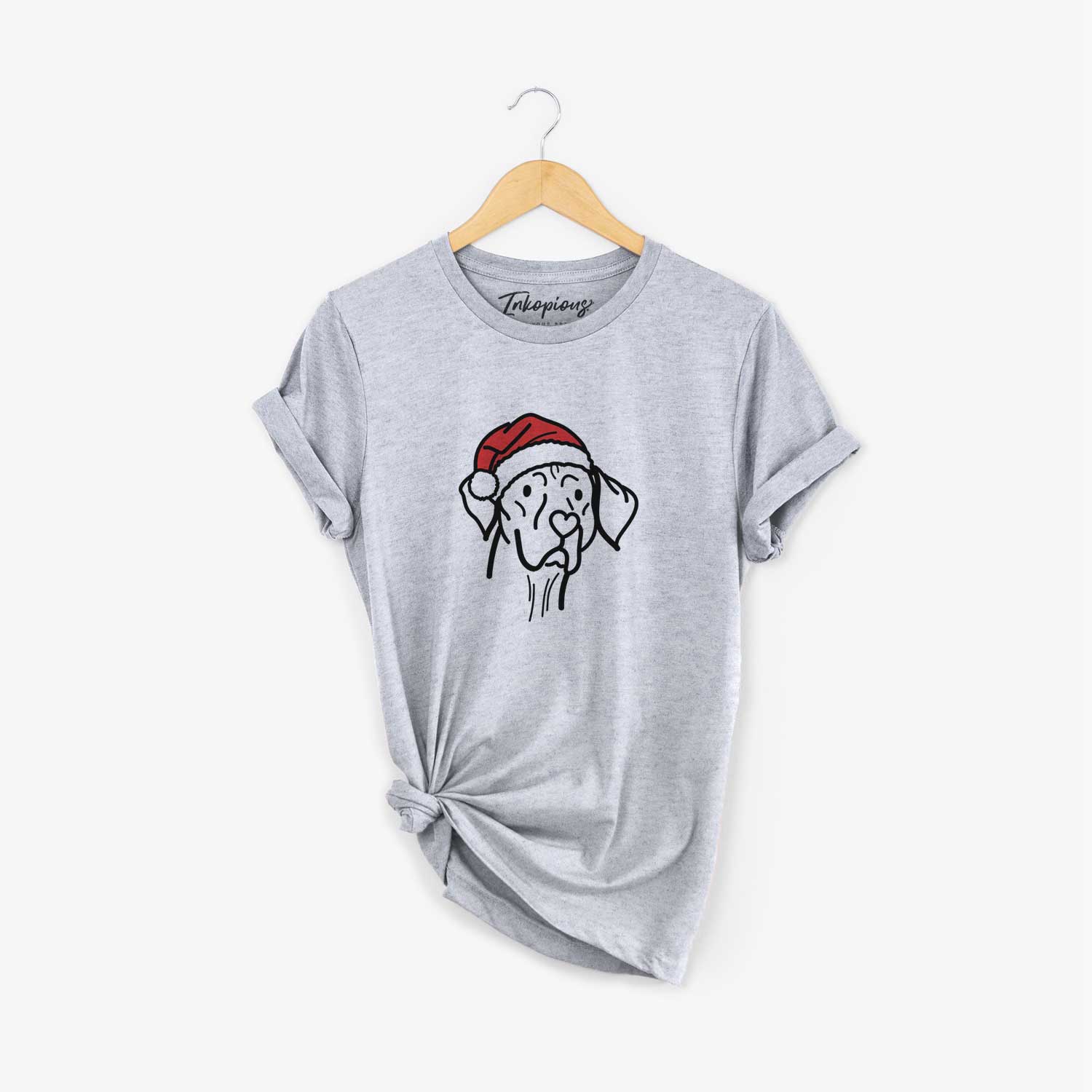 Minimalist line drawing of Moose the Vizsla wearing a Santa hat on a Grey Unisex crewneck