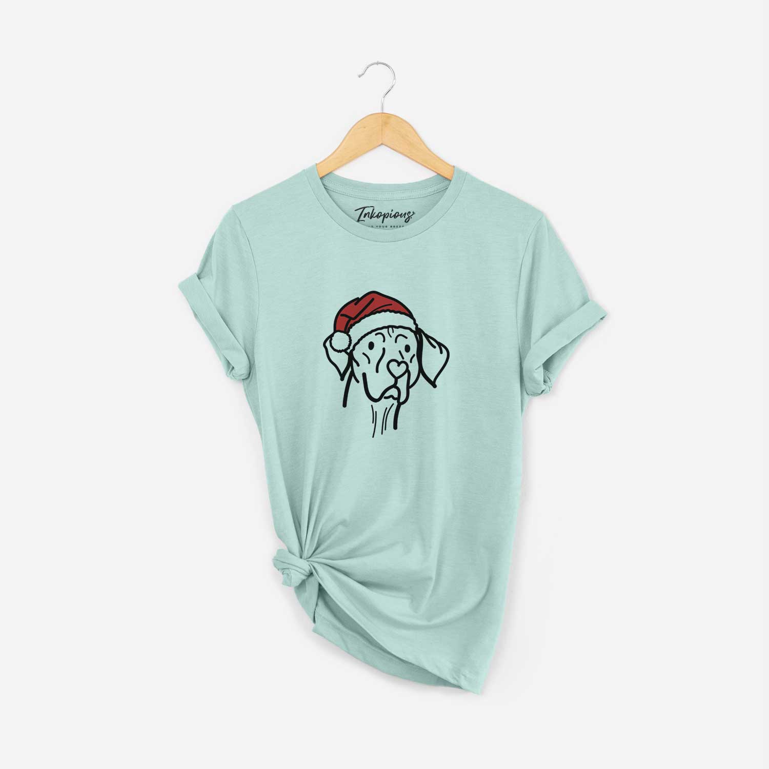 Minimalist line drawing of Moose the Vizsla wearing a Santa hat on a Heather Sage Unisex crewneck