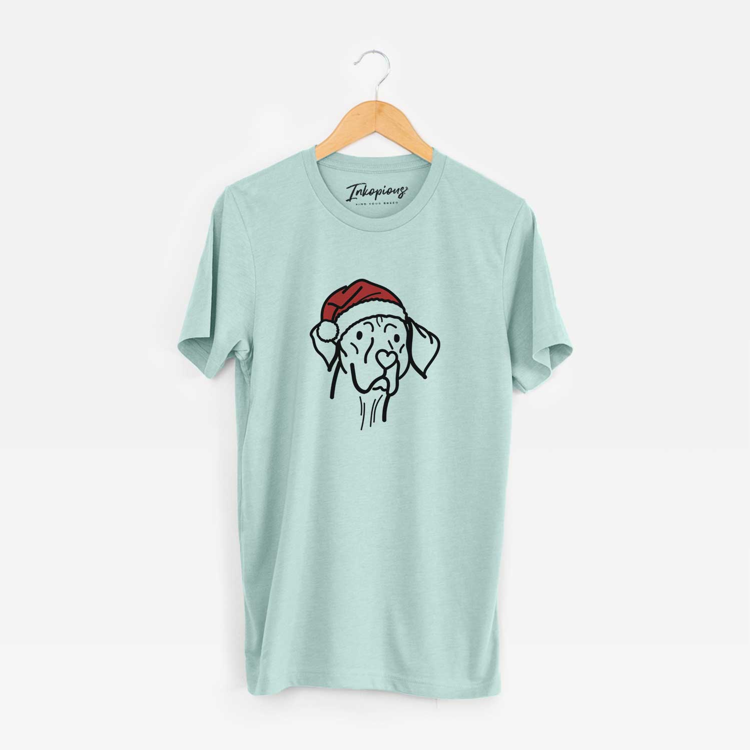 Minimalist line drawing of Moose the Vizsla wearing a Santa hat on a Heather Sage Unisex crewneck