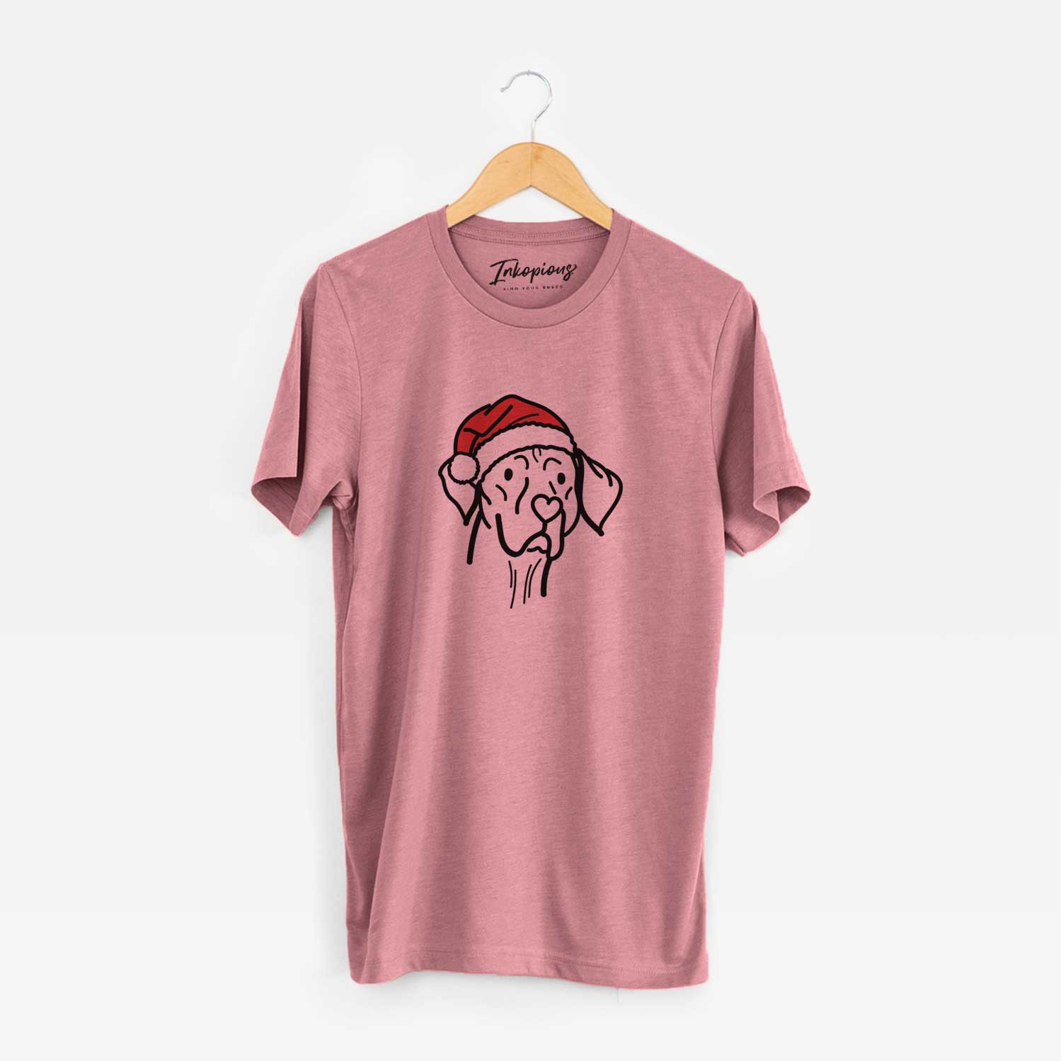 Minimalist line drawing of Moose the Vizsla wearing a Santa hat on a Mauve Unisex crewneck