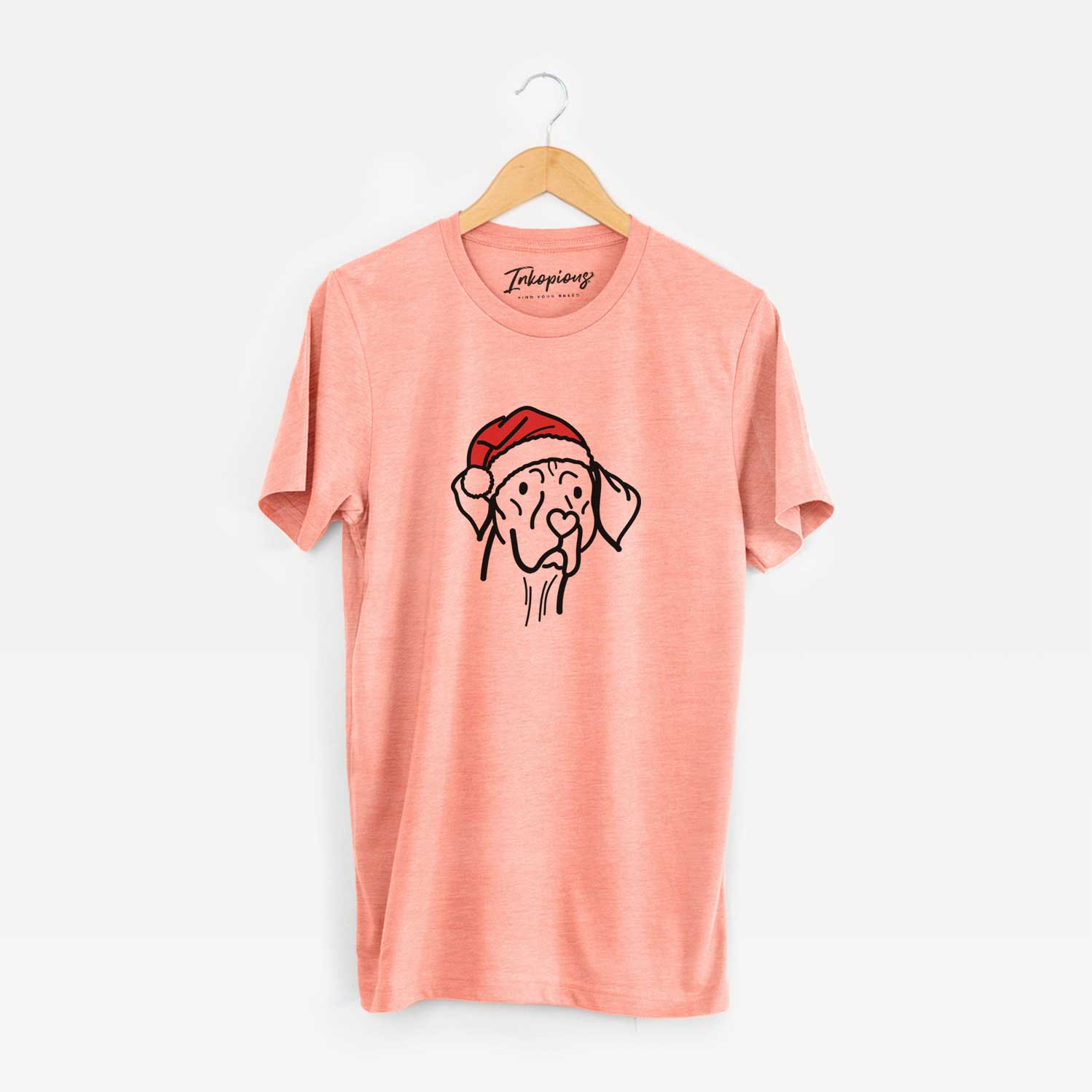 Minimalist line drawing of Moose the Vizsla wearing a Santa hat on a Sunset Unisex crewneck