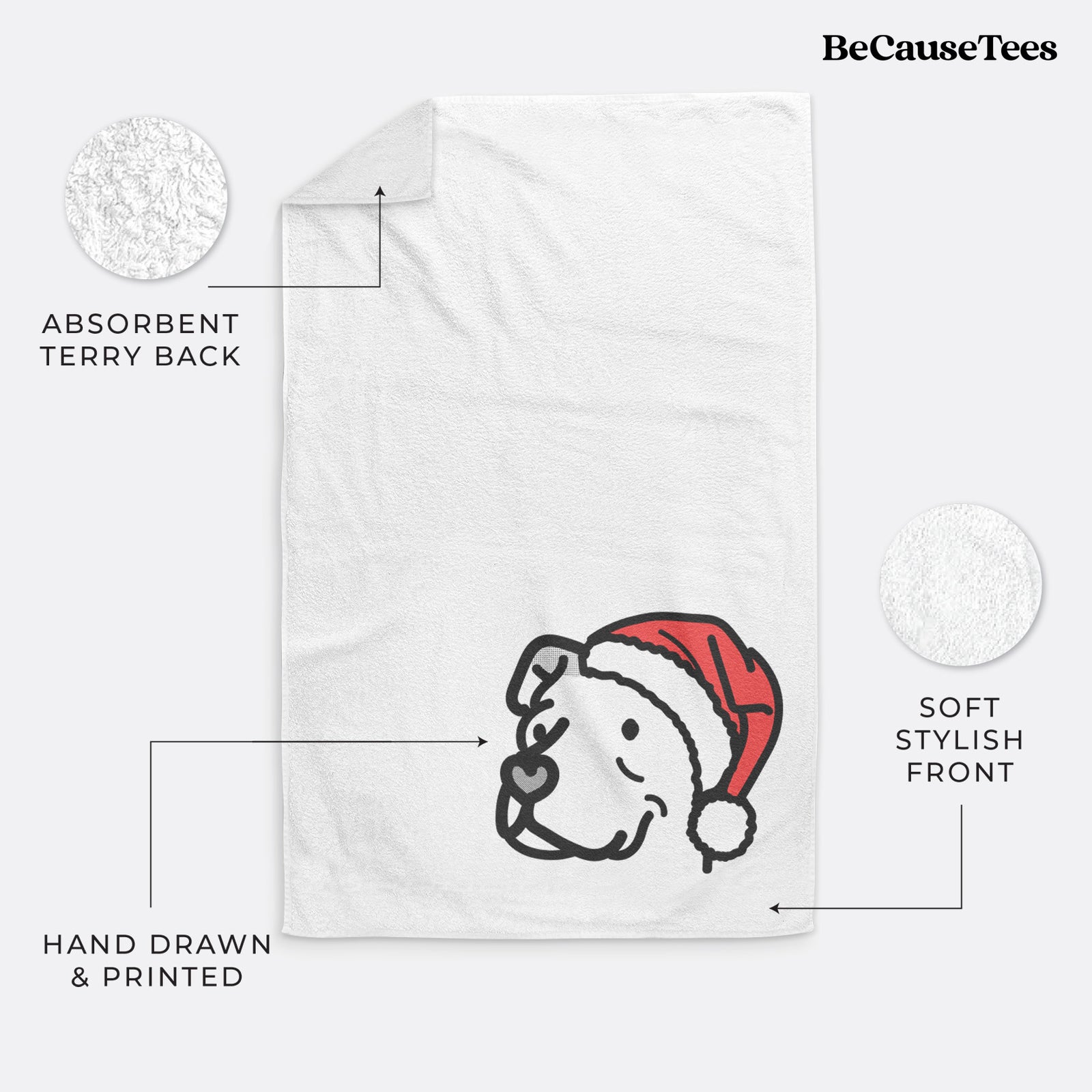 Minimalist line drawing of Mr. Sir the Pitbull Mix wearing a Santa hat on a decorative hand towel