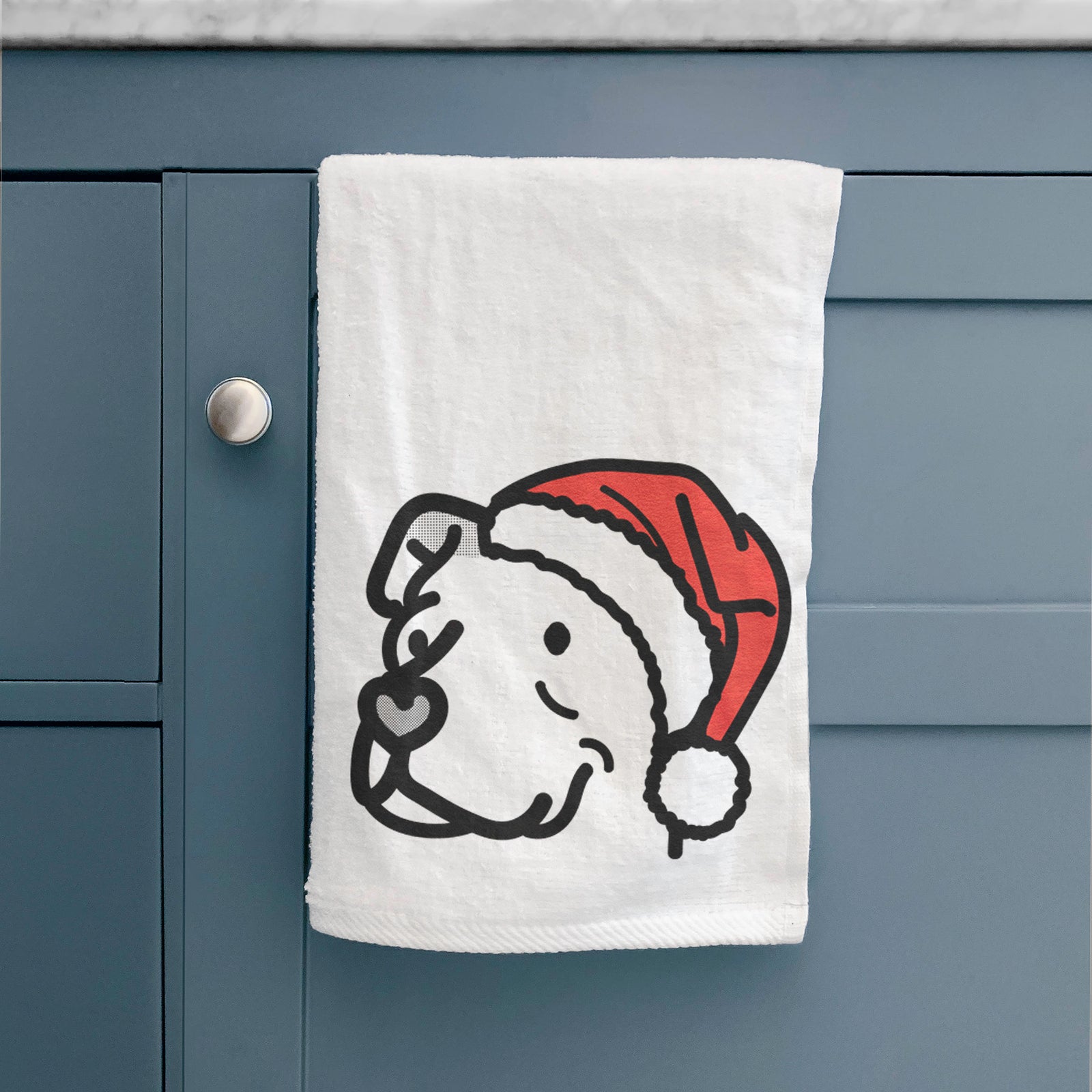 Minimalist line drawing of Mr. Sir the Pitbull Mix wearing a Santa hat on a decorative hand towel