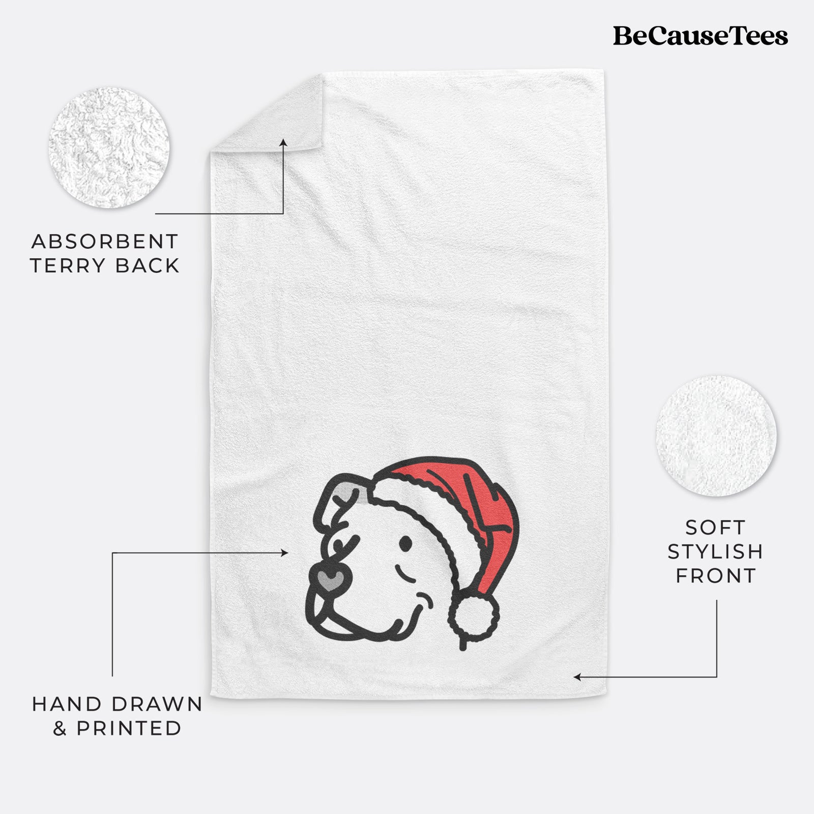 Minimalist line drawing of Mr. Sir the Pitbull Mix wearing a Santa hat on a decorative hand towel