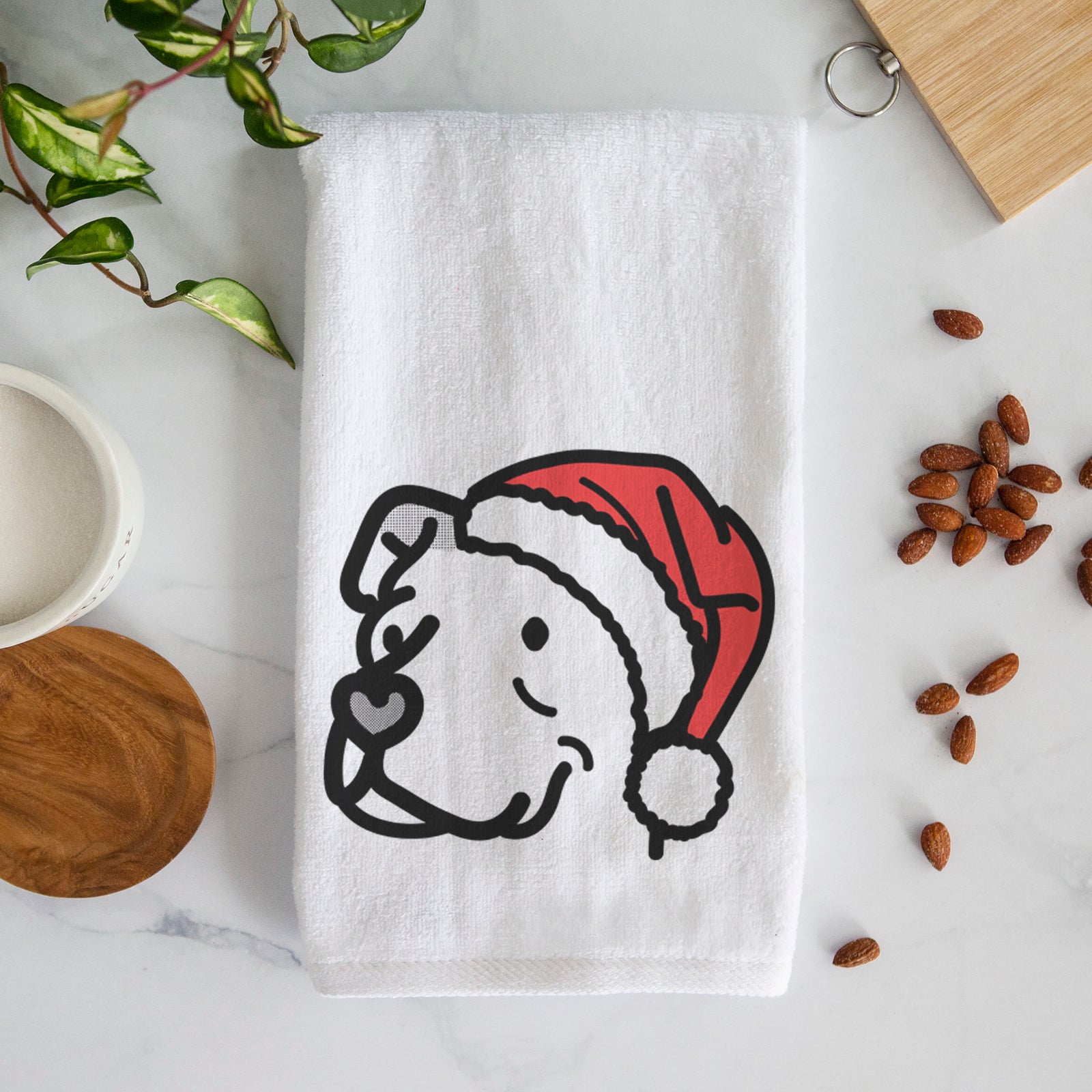 Minimalist line drawing of Mr. Sir the Pitbull Mix wearing a Santa hat on a decorative hand towel