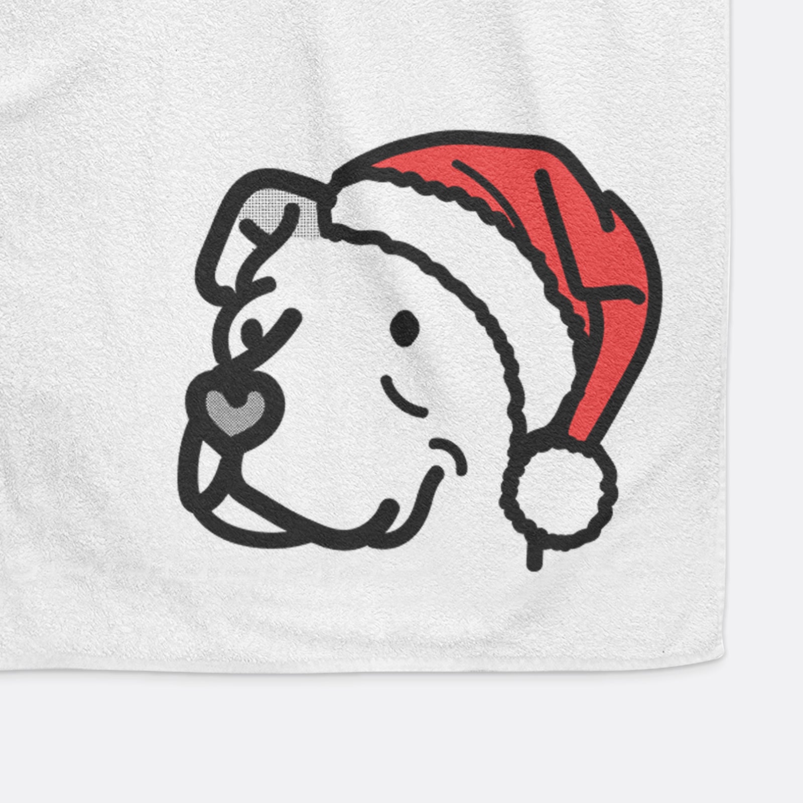 Minimalist line drawing of Mr. Sir the Pitbull Mix wearing a Santa hat on a decorative hand towel