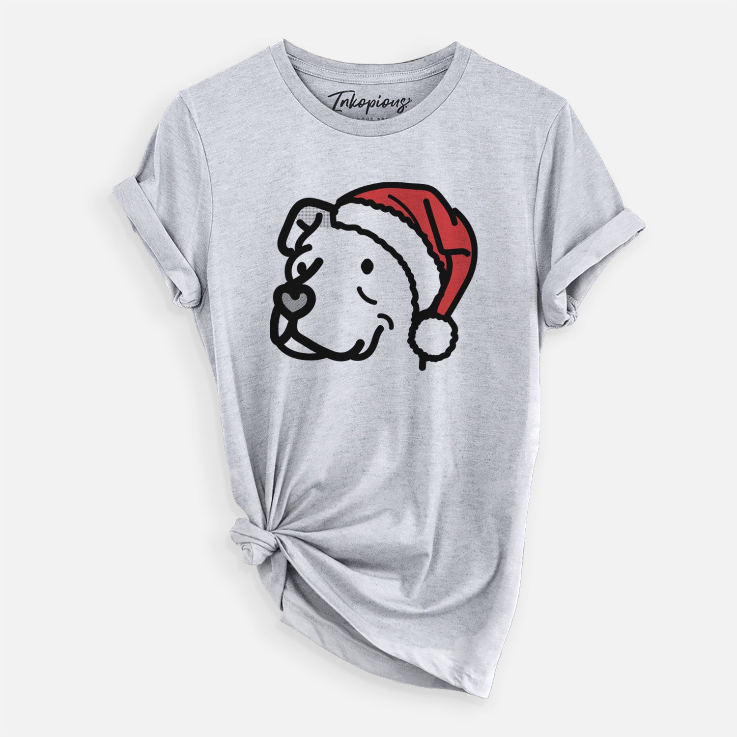Minimalist line drawing of Mr. Sir the Pitbull Mix wearing a Santa hat on a Grey Unisex crewneck