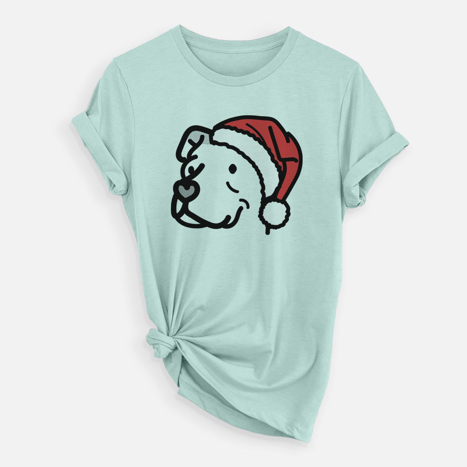 Minimalist line drawing of Mr. Sir the Pitbull Mix wearing a Santa hat on a Heather Sage Unisex crewneck