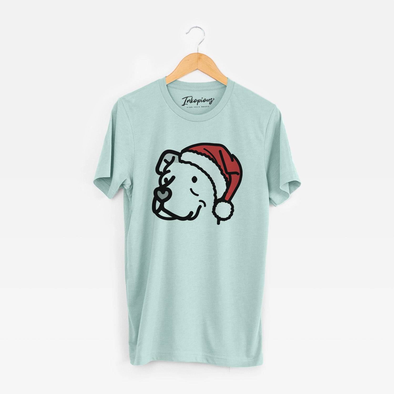 Minimalist line drawing of Mr. Sir the Pitbull Mix wearing a Santa hat on a Heather Sage Unisex crewneck