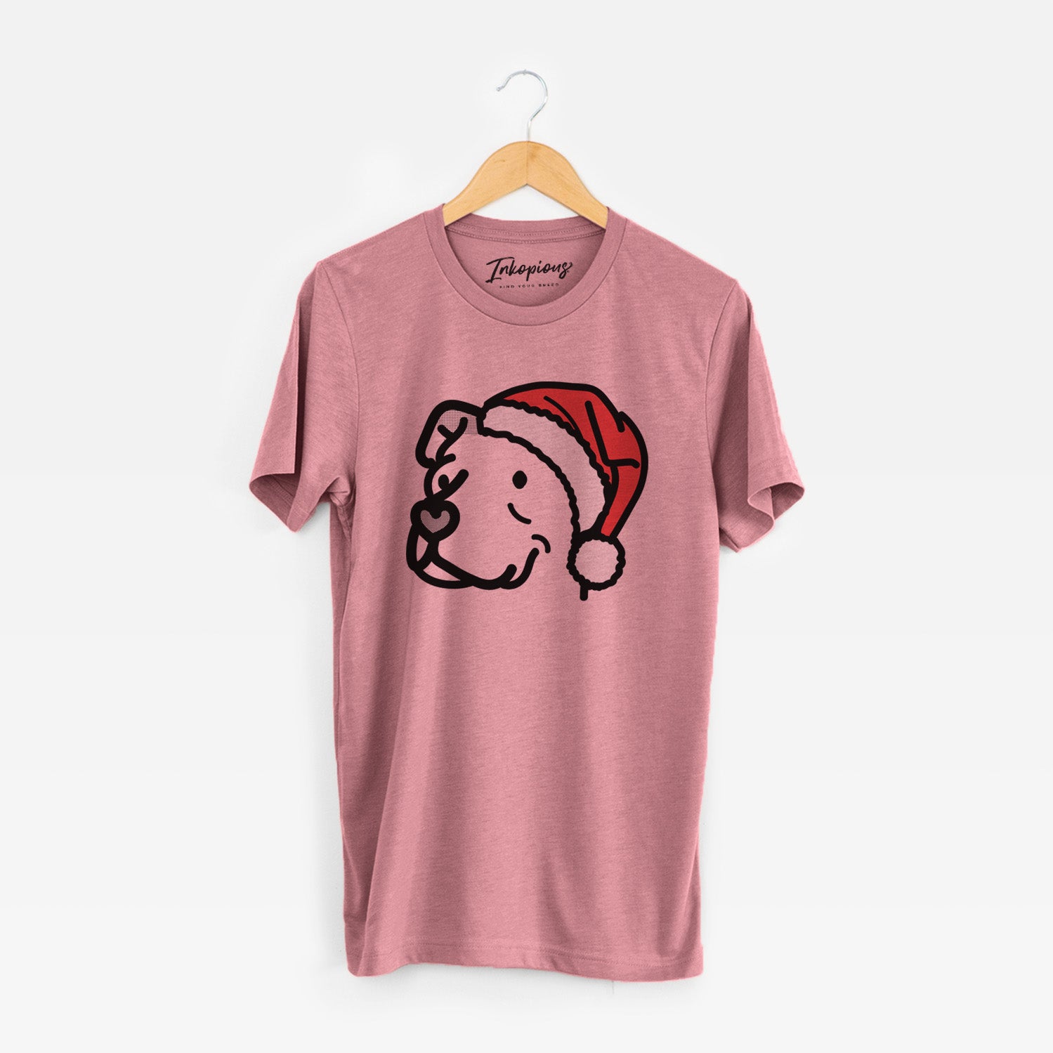 Minimalist line drawing of Mr. Sir the Pitbull Mix wearing a Santa hat on a Mauve Unisex crewneck