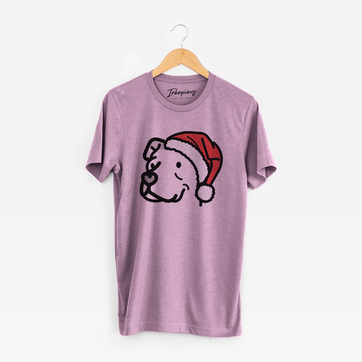 Minimalist line drawing of Mr. Sir the Pitbull Mix wearing a Santa hat on an Orchid Unisex crewneck