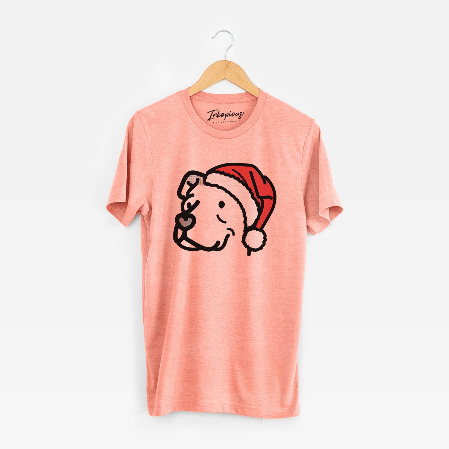Minimalist line drawing of Mr. Sir the Pitbull Mix wearing a Santa hat on a Sunset Unisex crewneck