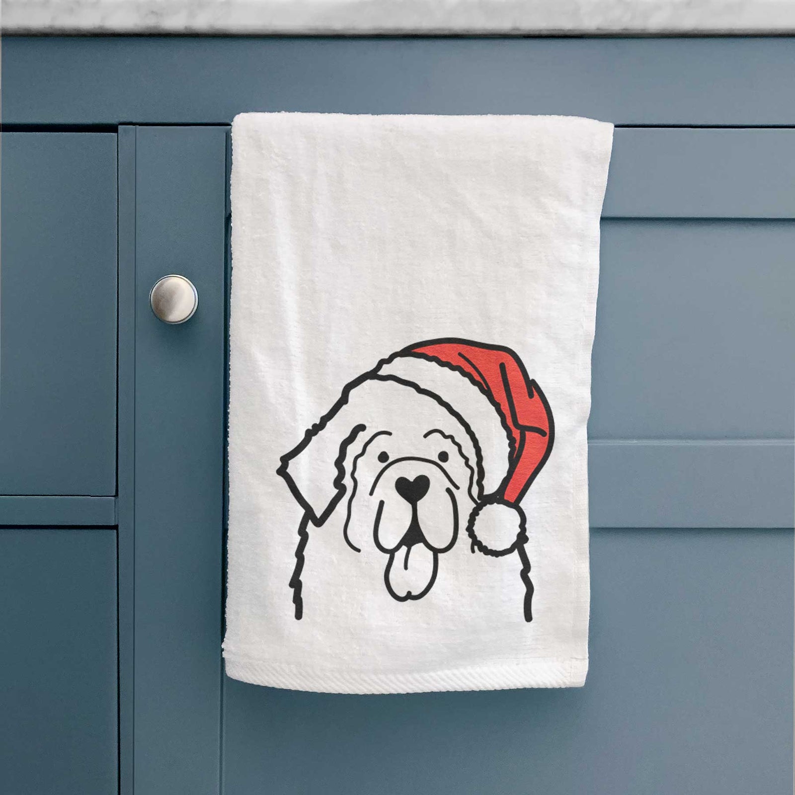 Minimalist line drawing of a Newfoundland wearing a Santa hat on a decorative hand towel
