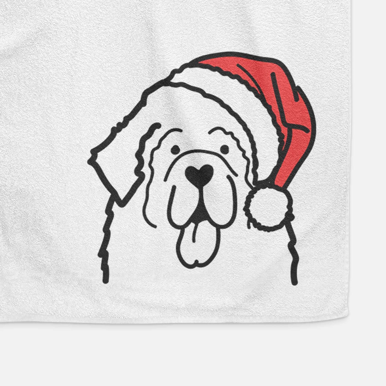 Minimalist line drawing of a Newfoundland wearing a Santa hat on a decorative hand towel