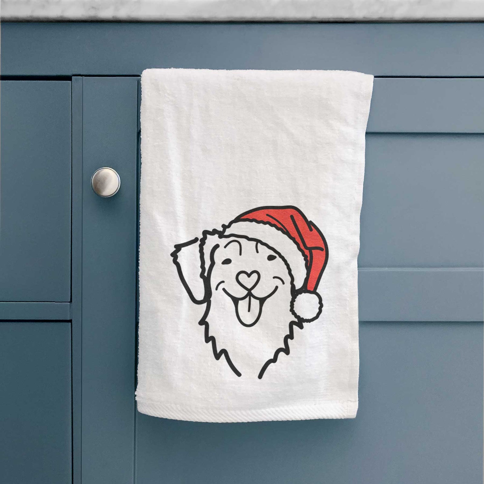 Minimalist line drawing of a Nova Scotia Duck Tolling Retriever wearing a Santa hat on a decorative hand towel