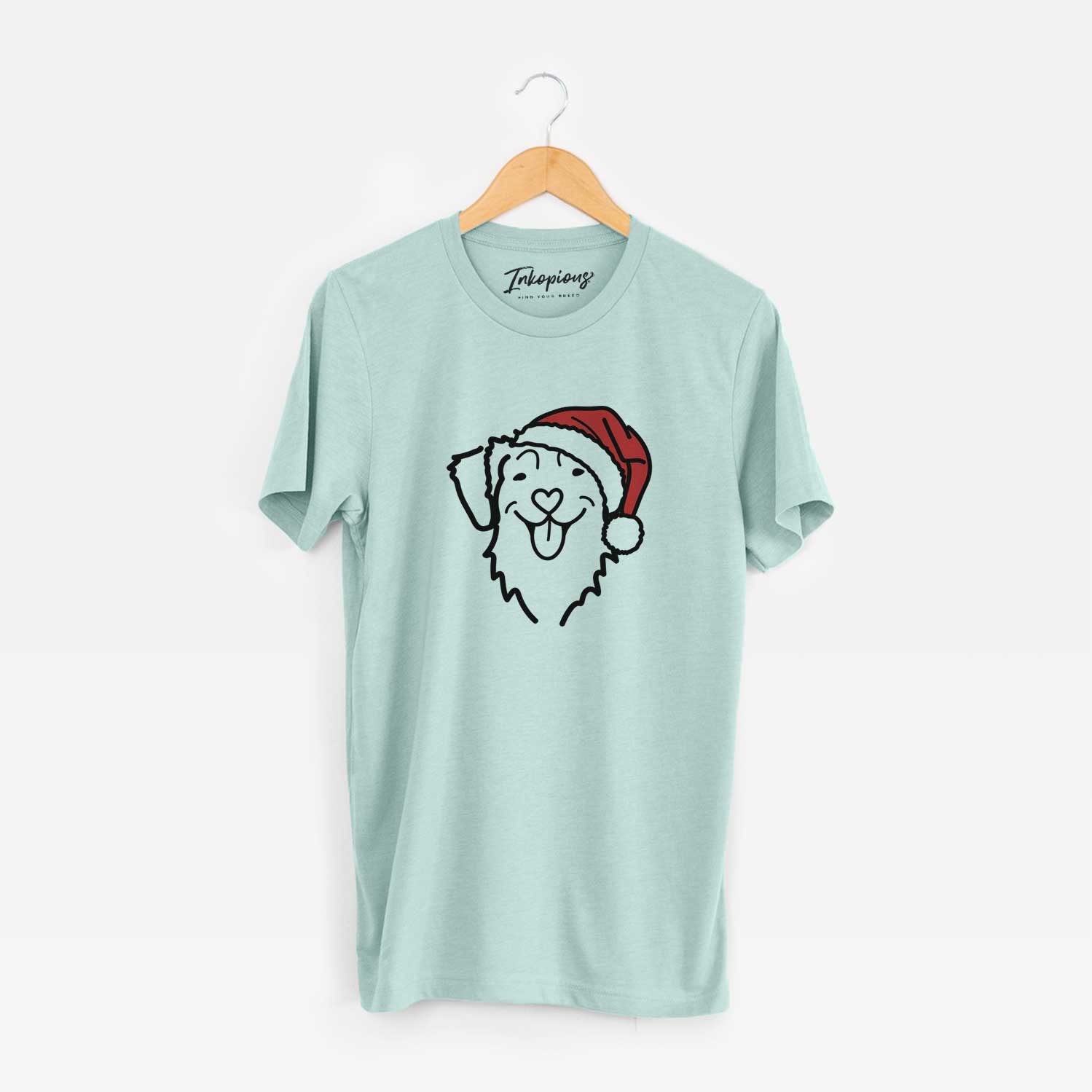 Minimalist line drawing of a Nova Scotia Duck Tolling Retriever wearing a Santa hat on a Heather Sage Unisex crewneck