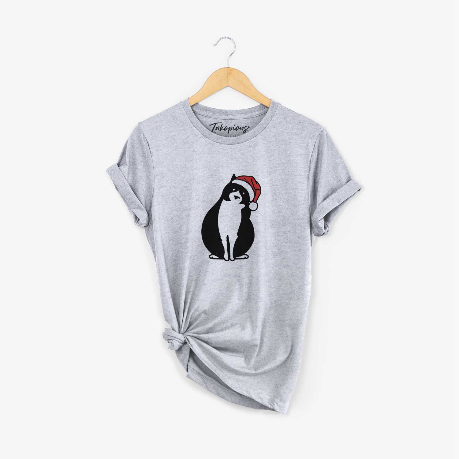Minimalist line drawing of Oliver the Tuxedo Cat wearing a Santa hat on a Grey Unisex crewneck