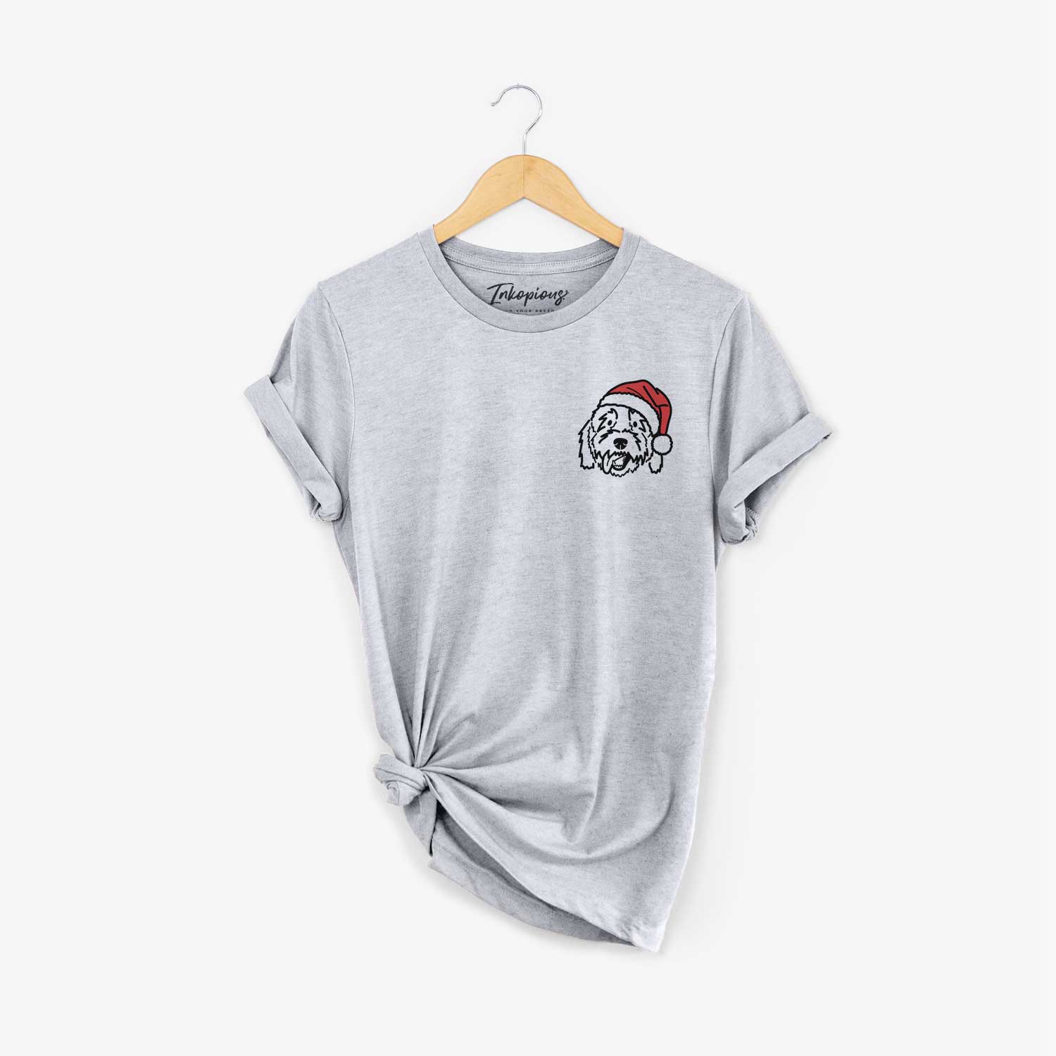 Small chest-pocket minimalist line drawing of Barry the Goldendoodle wearing a Santa hat on a Grey Unisex crewneck