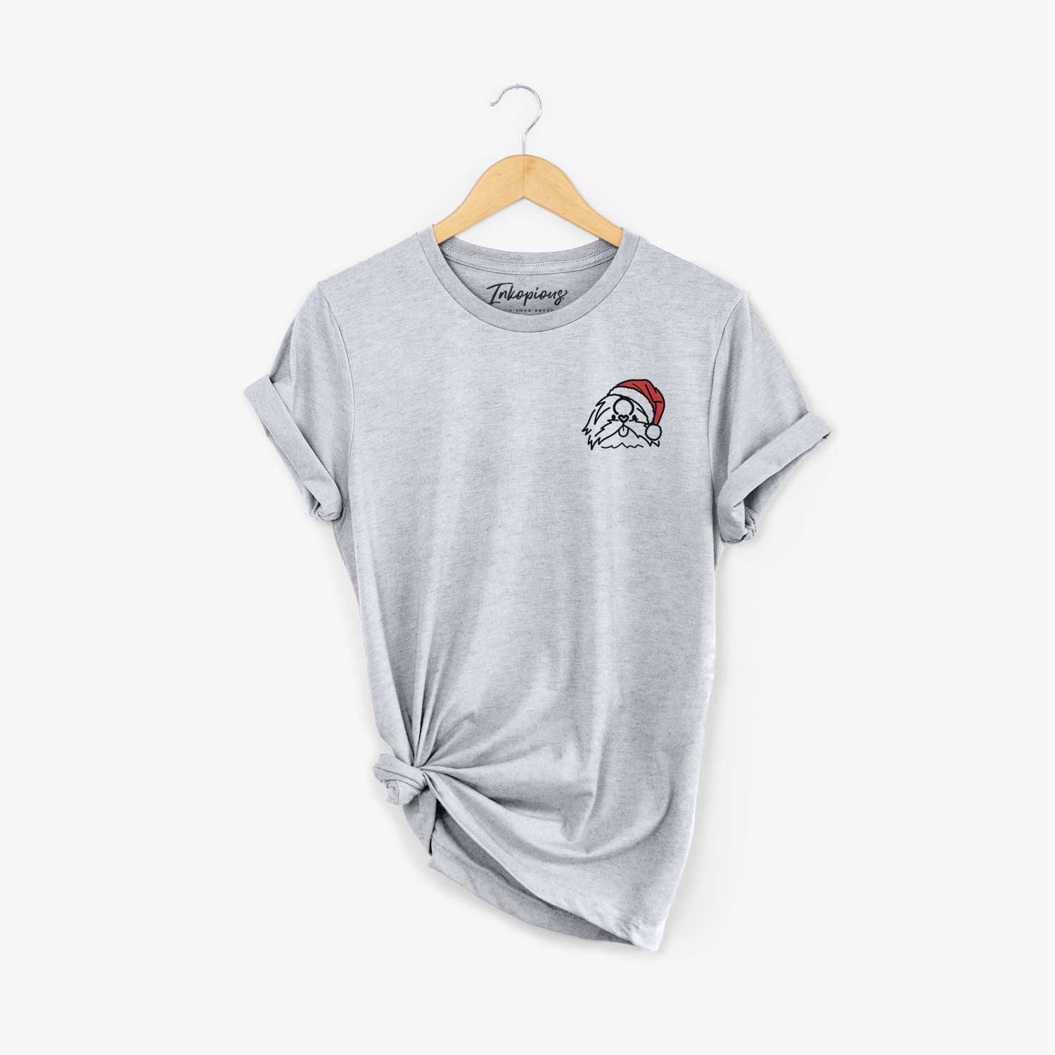 Small chest-pocket minimalist line drawing of CoCo the Shih Tzu wearing a Santa hat on a Grey Unisex crewneck