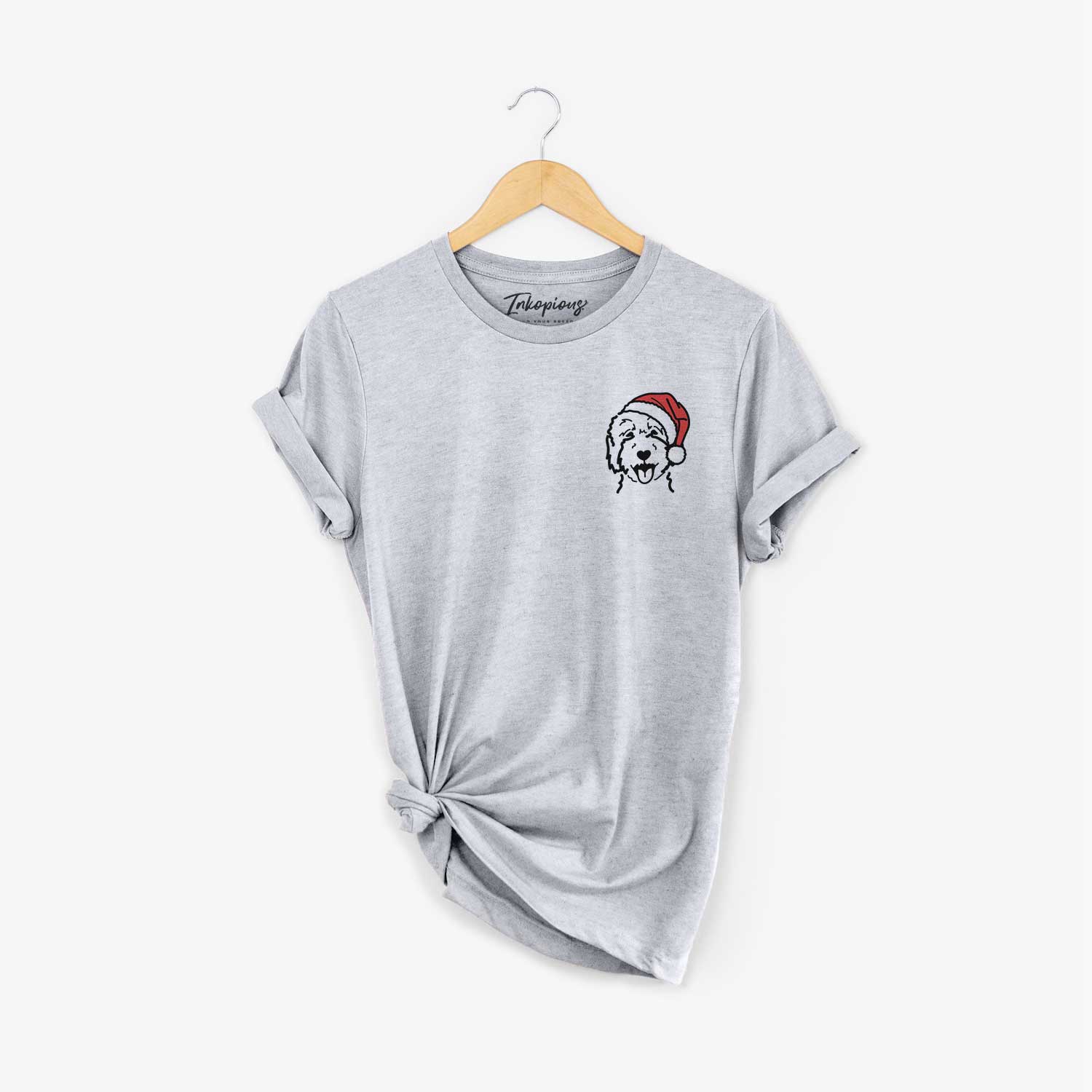 Small chest-pocket minimalist line drawing of a Goldendoodle 2 wearing a Santa hat on a Grey Unisex crewneck