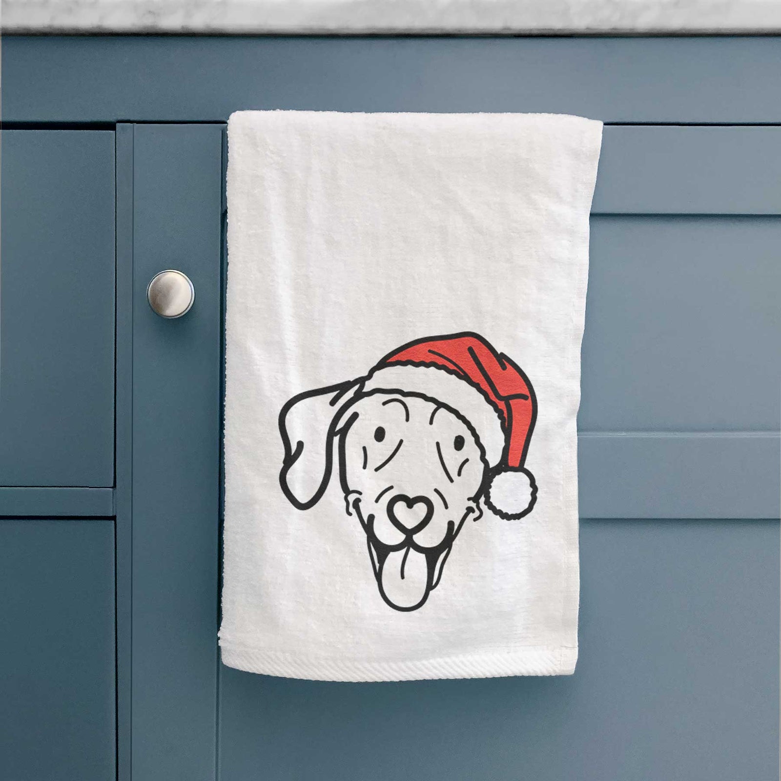 Minimalist line drawing of Paco Lobo the Weimaraner wearing a Santa hat on a decorative hand towel