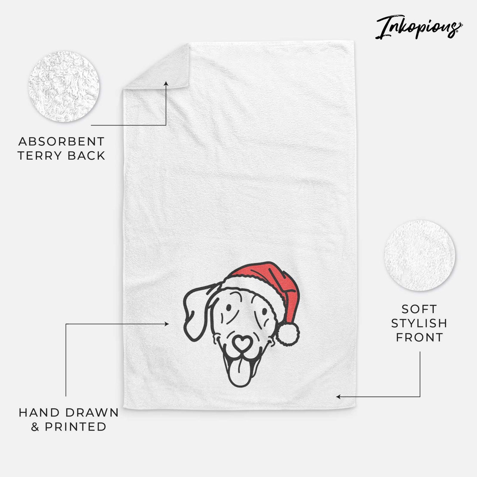 Minimalist line drawing of Paco Lobo the Weimaraner wearing a Santa hat on a decorative hand towel