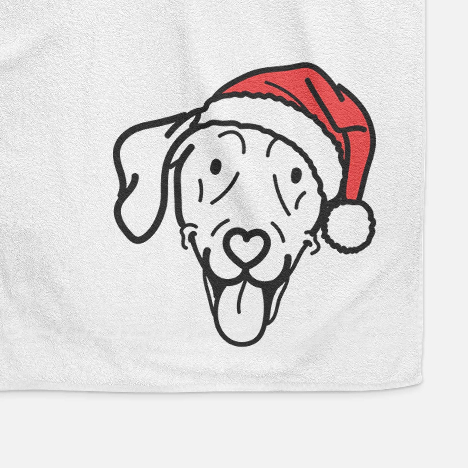 Minimalist line drawing of Paco Lobo the Weimaraner wearing a Santa hat on a decorative hand towel