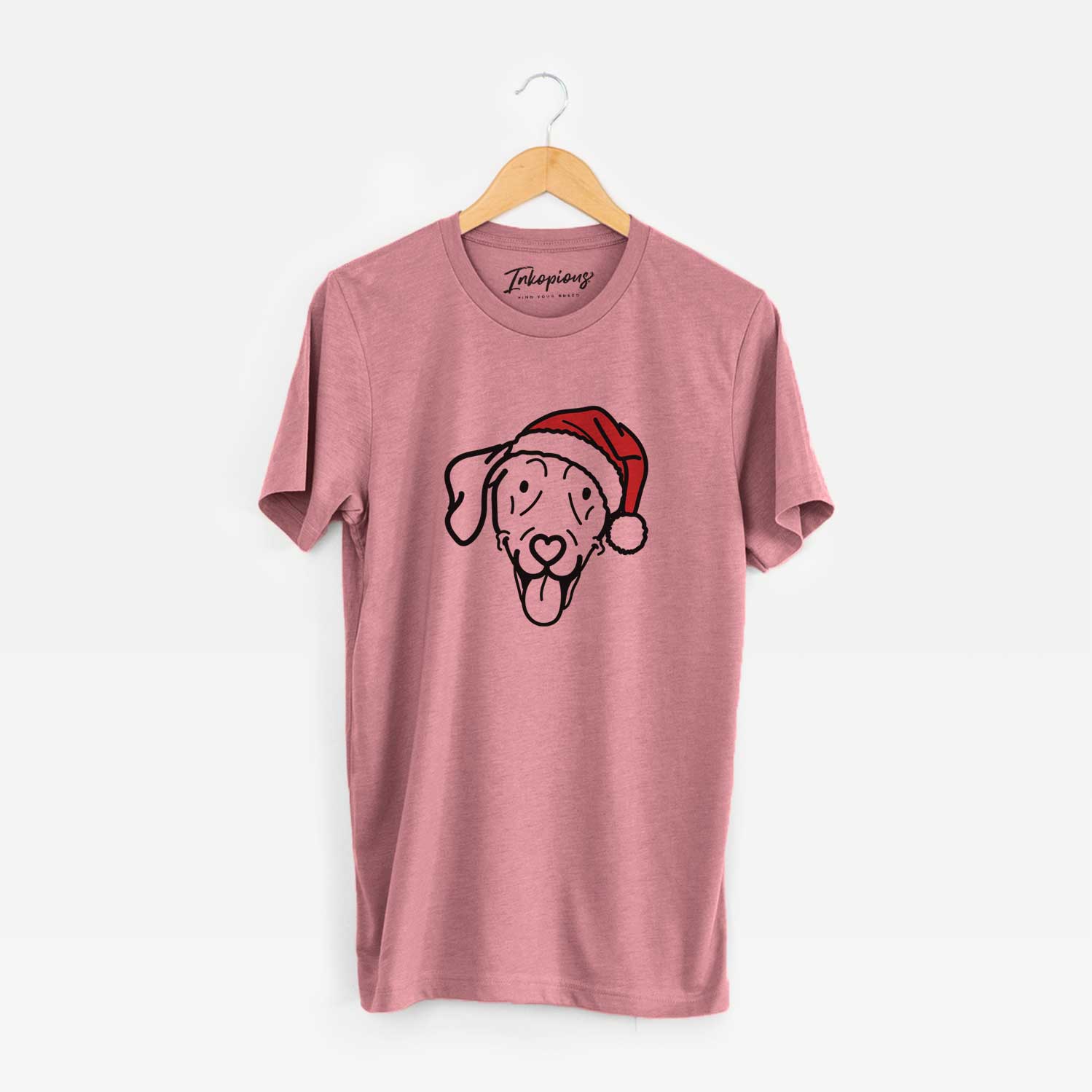Minimalist line drawing of Paco Lobo the Weimaraner wearing a Santa hat on a Mauve Unisex crewneck
