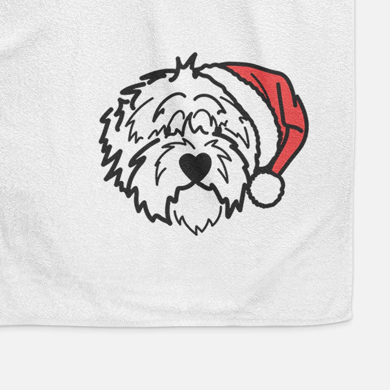 Minimalist line drawing of Penny the Old English Sheepdog wearing a Santa hat on a decorative hand towel