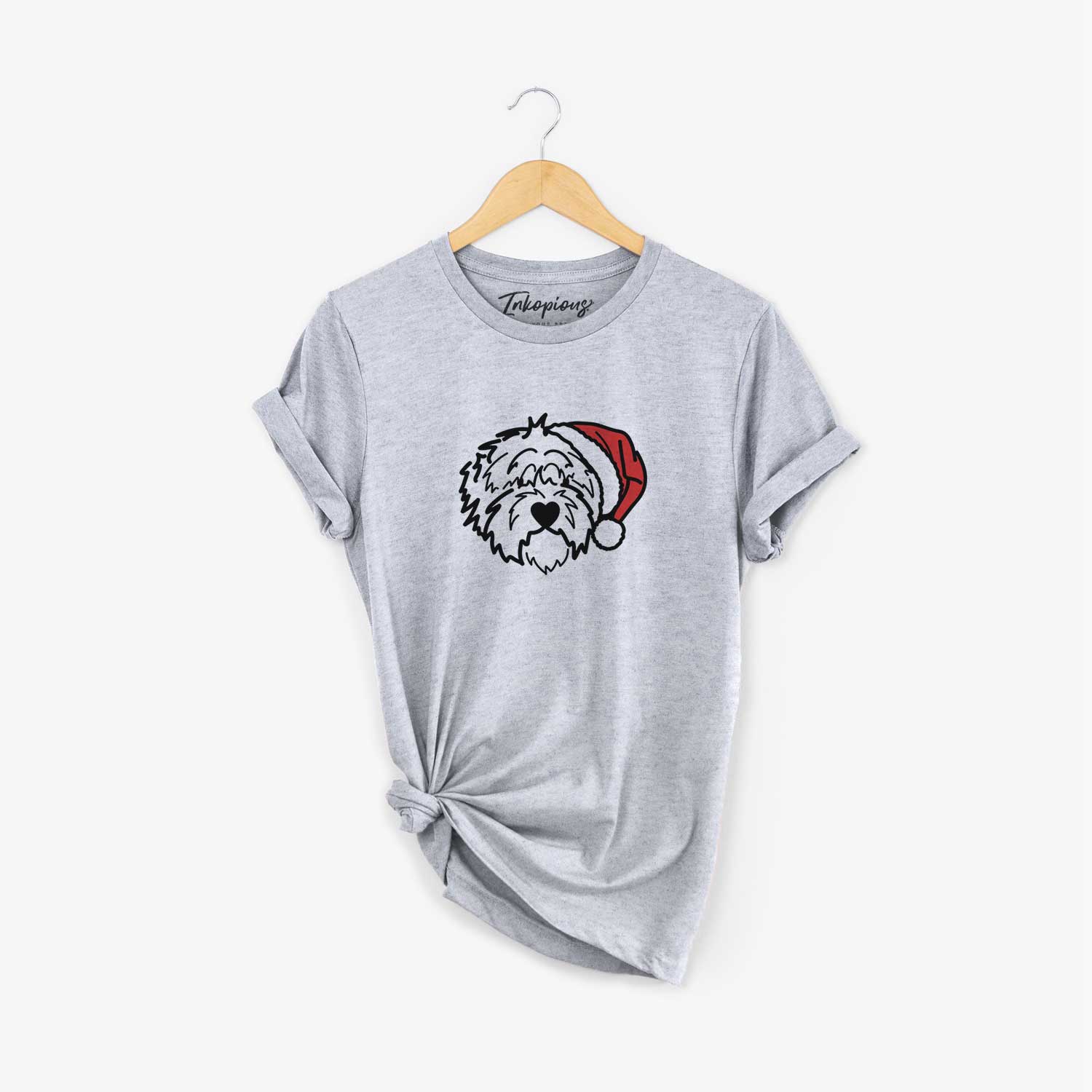 Minimalist line drawing of Penny the Old English Sheepdog wearing a Santa hat on a Grey Unisex crewneck