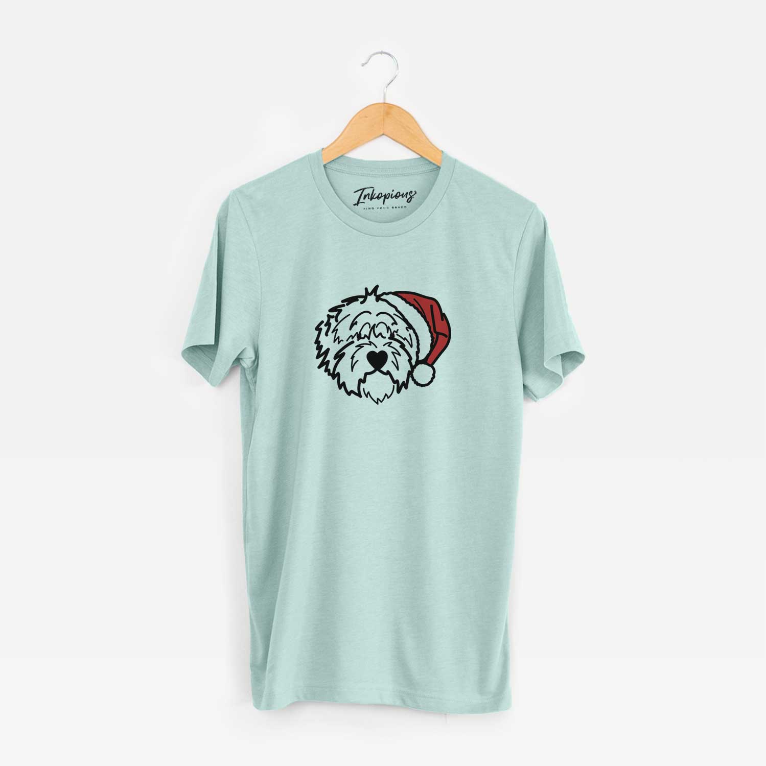 Minimalist line drawing of Penny the Old English Sheepdog wearing a Santa hat on a Heather Sage Unisex crewneck