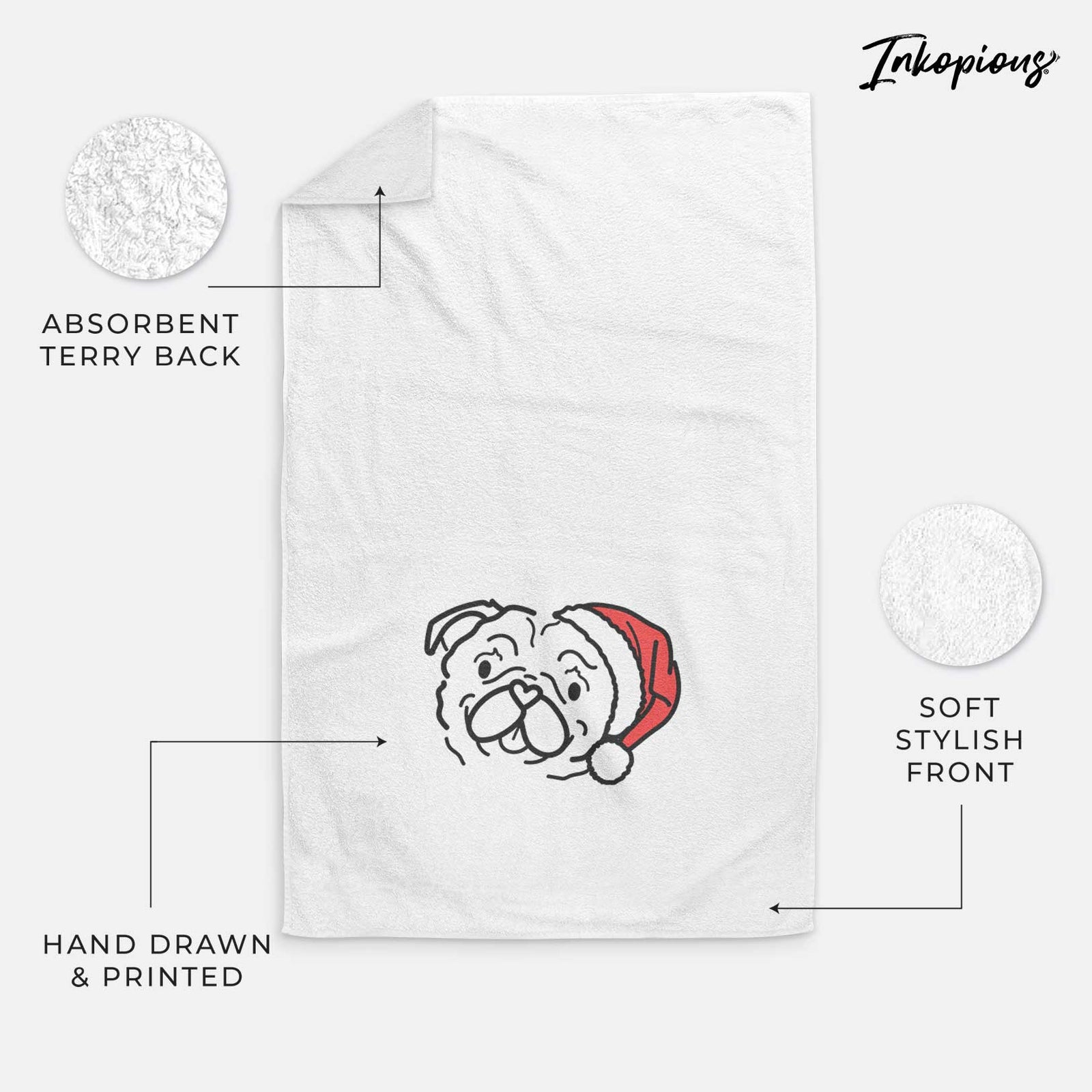 Minimalist line drawing of Pip the Pug wearing a Santa hat on a decorative hand towel