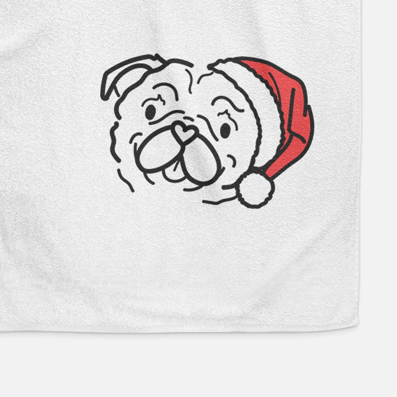 Minimalist line drawing of Pip the Pug wearing a Santa hat on a decorative hand towel