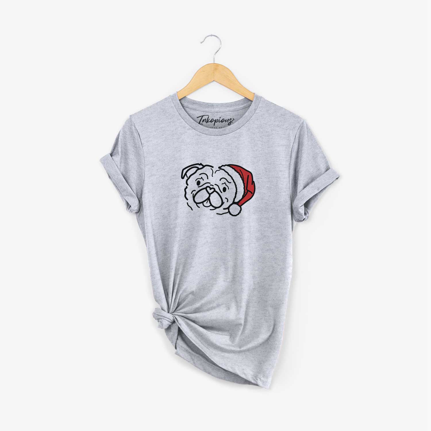 Minimalist line drawing of Pip the Pug wearing a Santa hat on a Grey Unisex crewneck