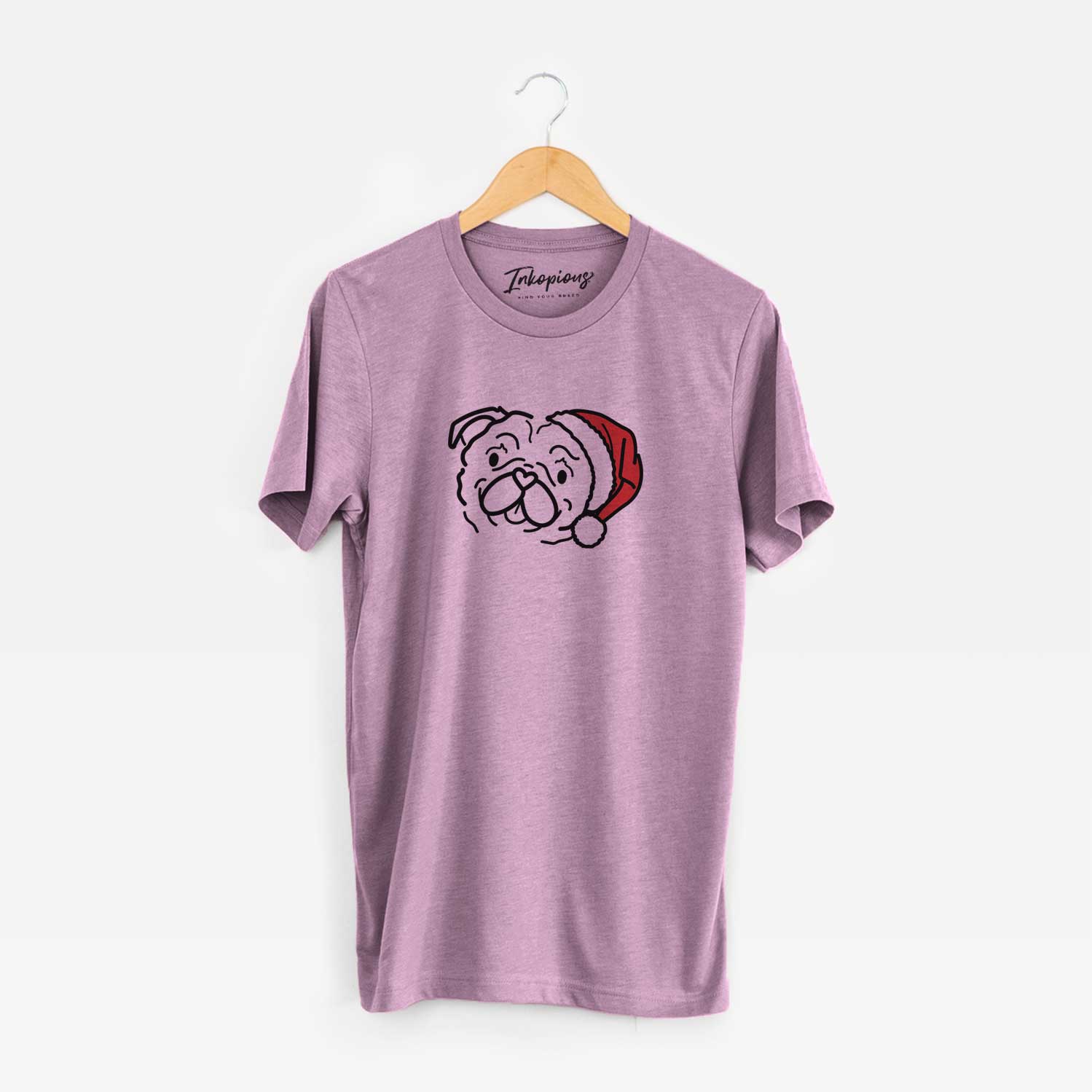 Minimalist line drawing of Pip the Pug wearing a Santa hat on an Orchid Unisex crewneck