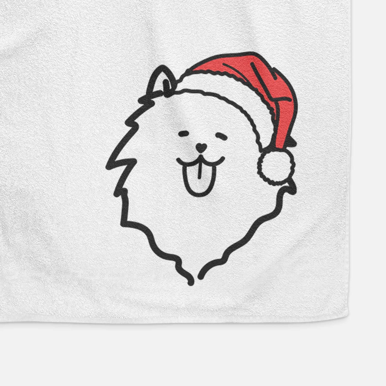 Minimalist line drawing of a Pomeranian wearing a Santa hat on a decorative hand towel