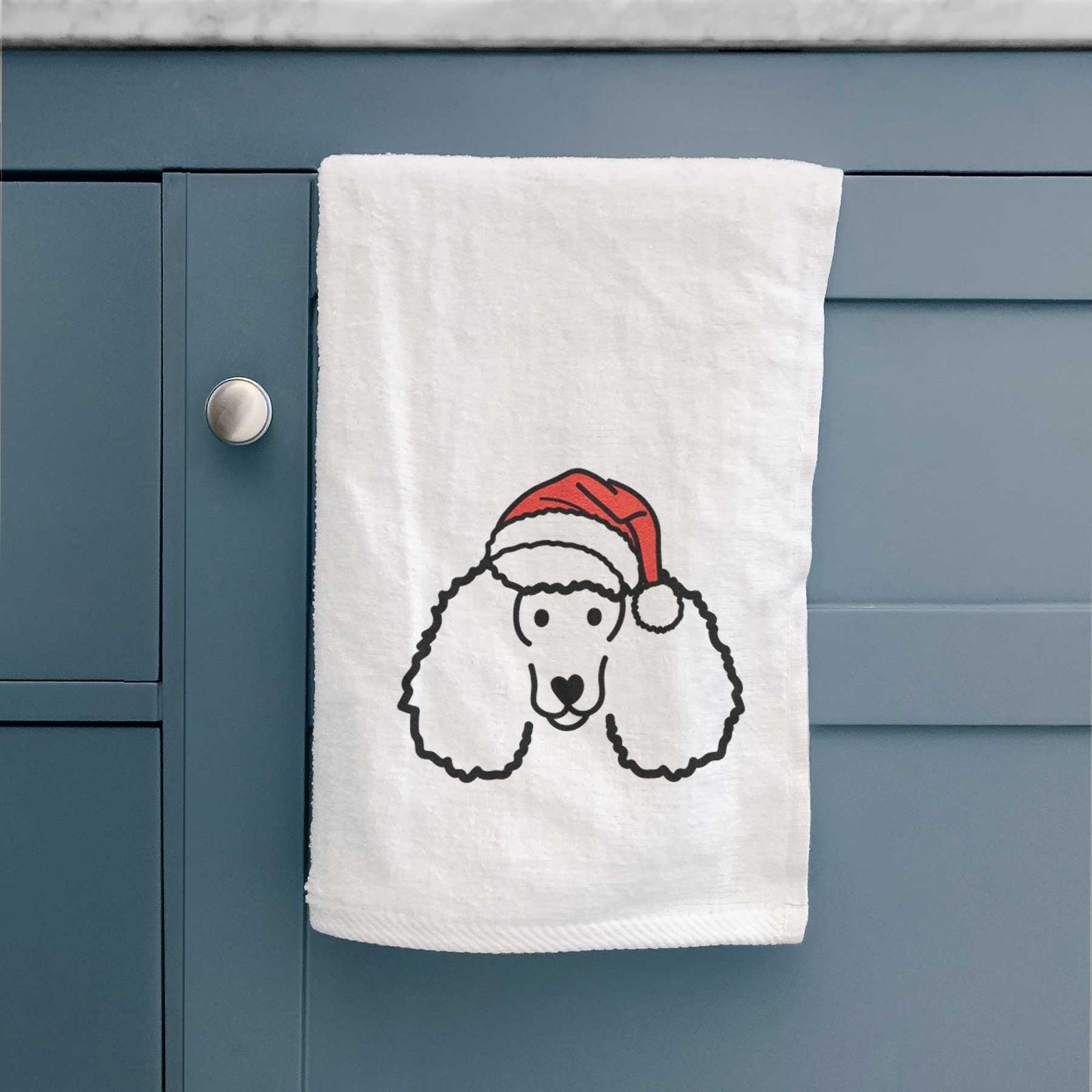 Minimalist line drawing of a Poodle wearing a Santa hat on a decorative hand towel