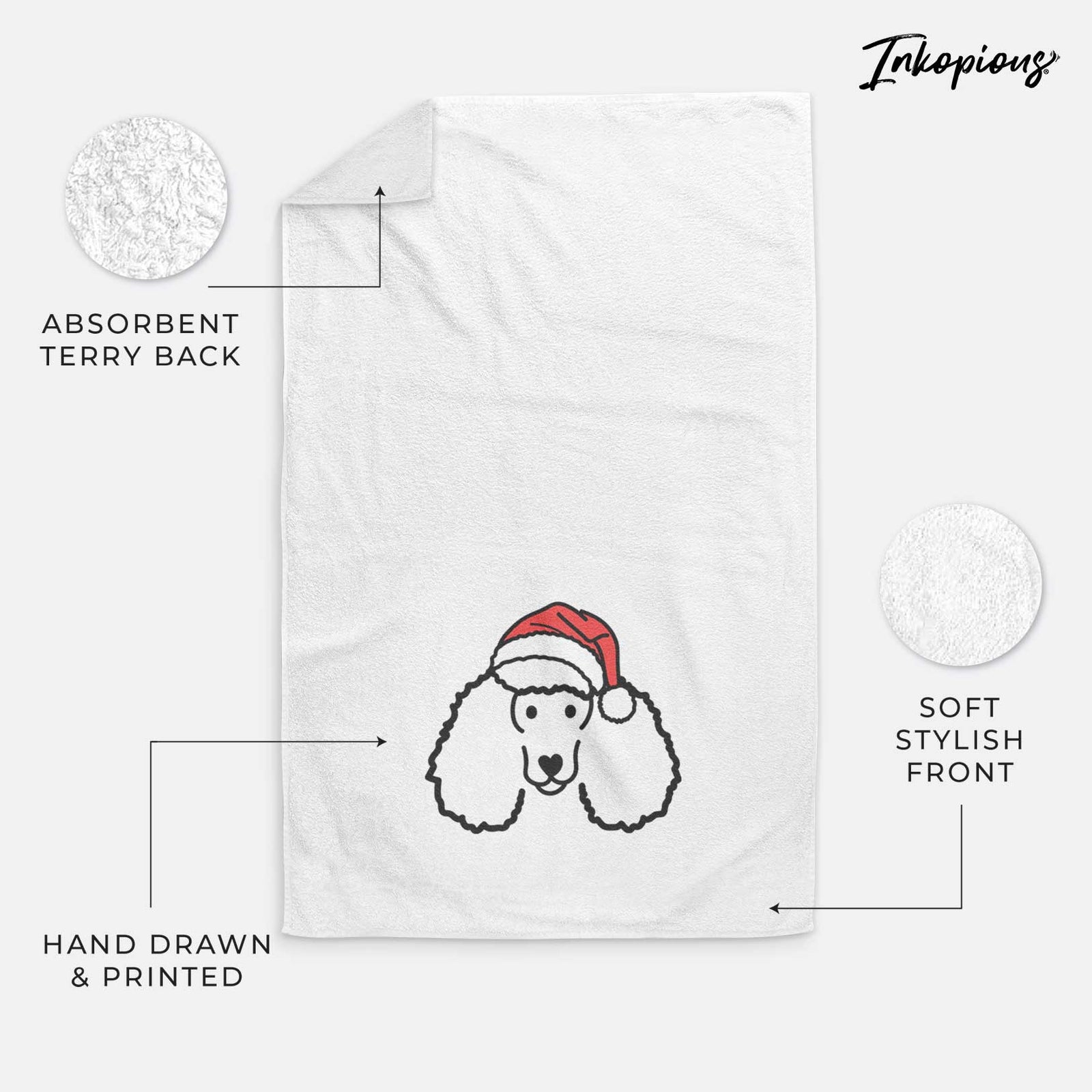 Minimalist line drawing of a Poodle wearing a Santa hat on a decorative hand towel