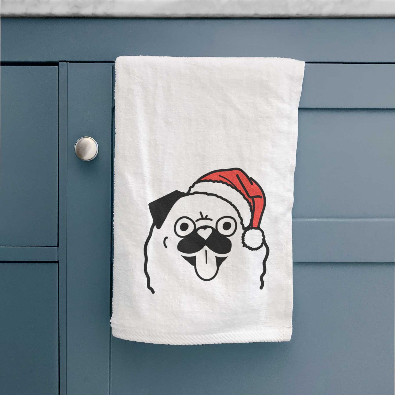 Minimalist line drawing of a Pug wearing a Santa hat on a decorative hand towel