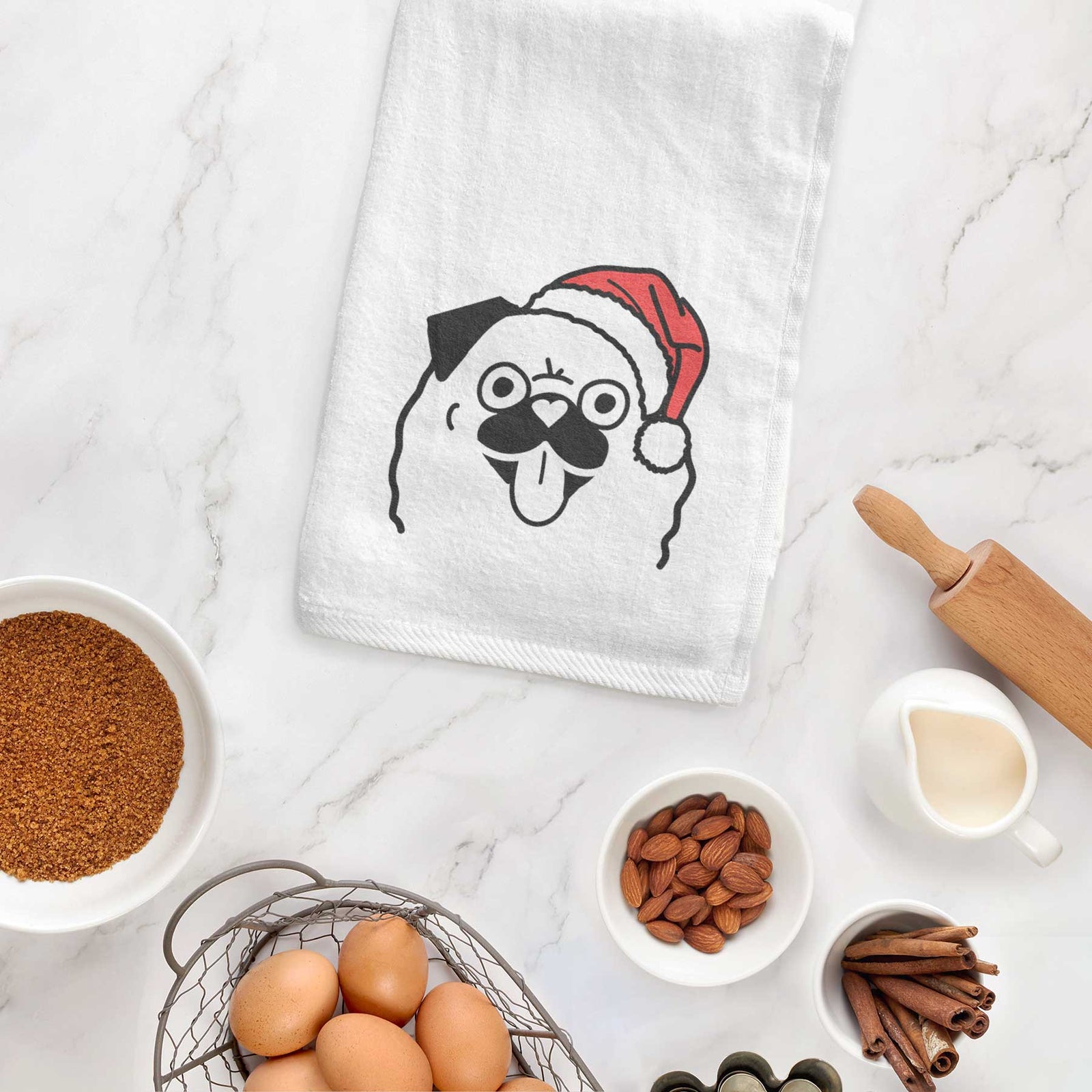 Minimalist line drawing of a Pug wearing a Santa hat on a decorative hand towel