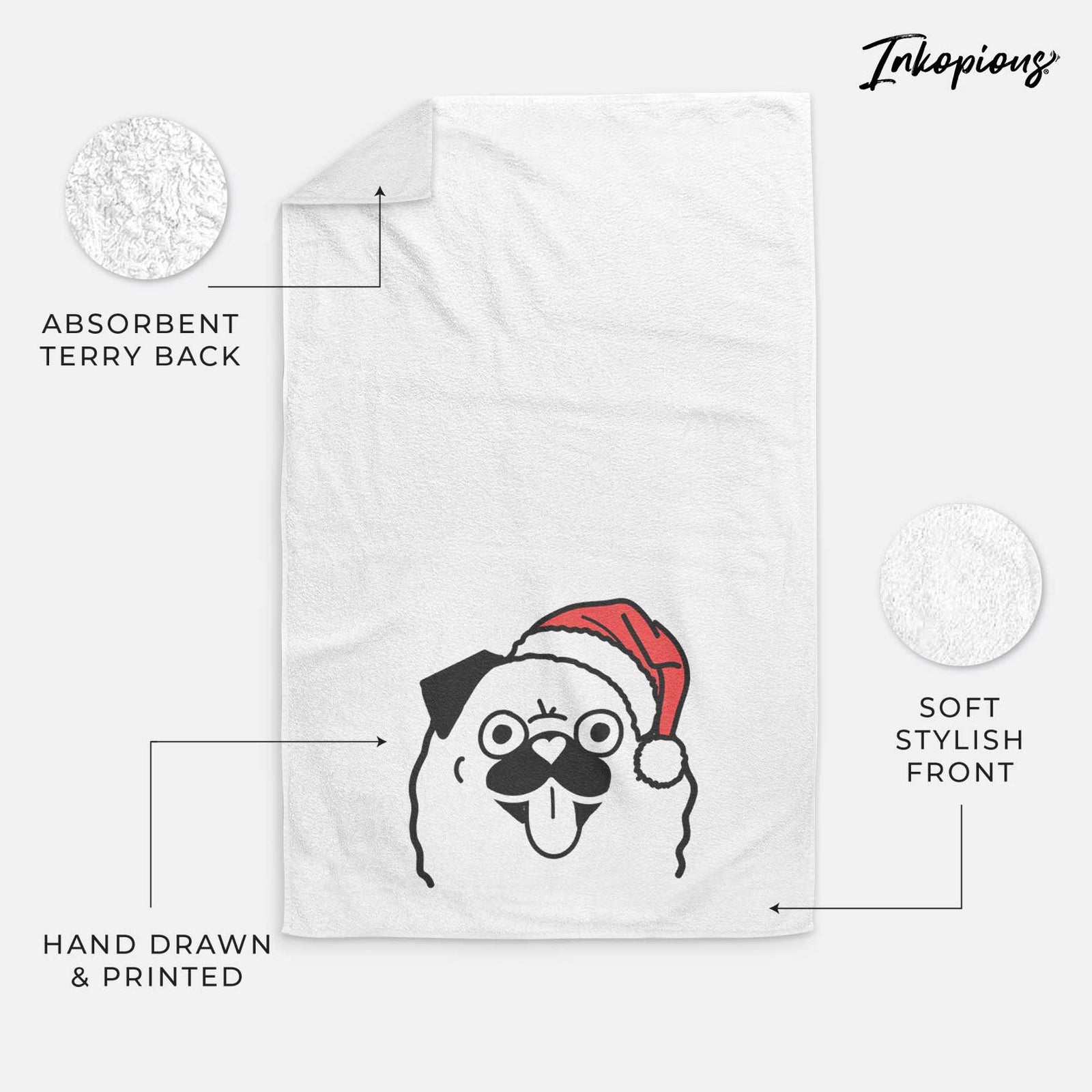Minimalist line drawing of a Pug wearing a Santa hat on a decorative hand towel