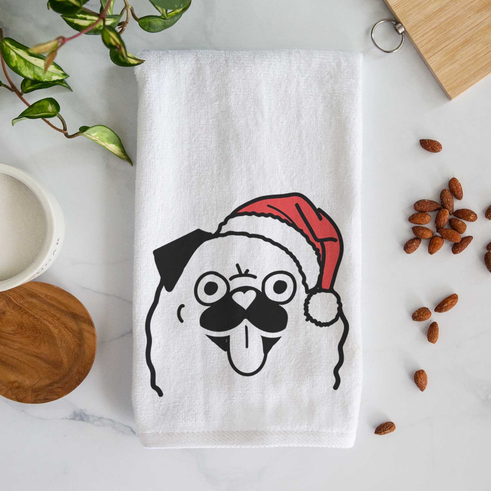 Minimalist line drawing of a Pug wearing a Santa hat on a decorative hand towel