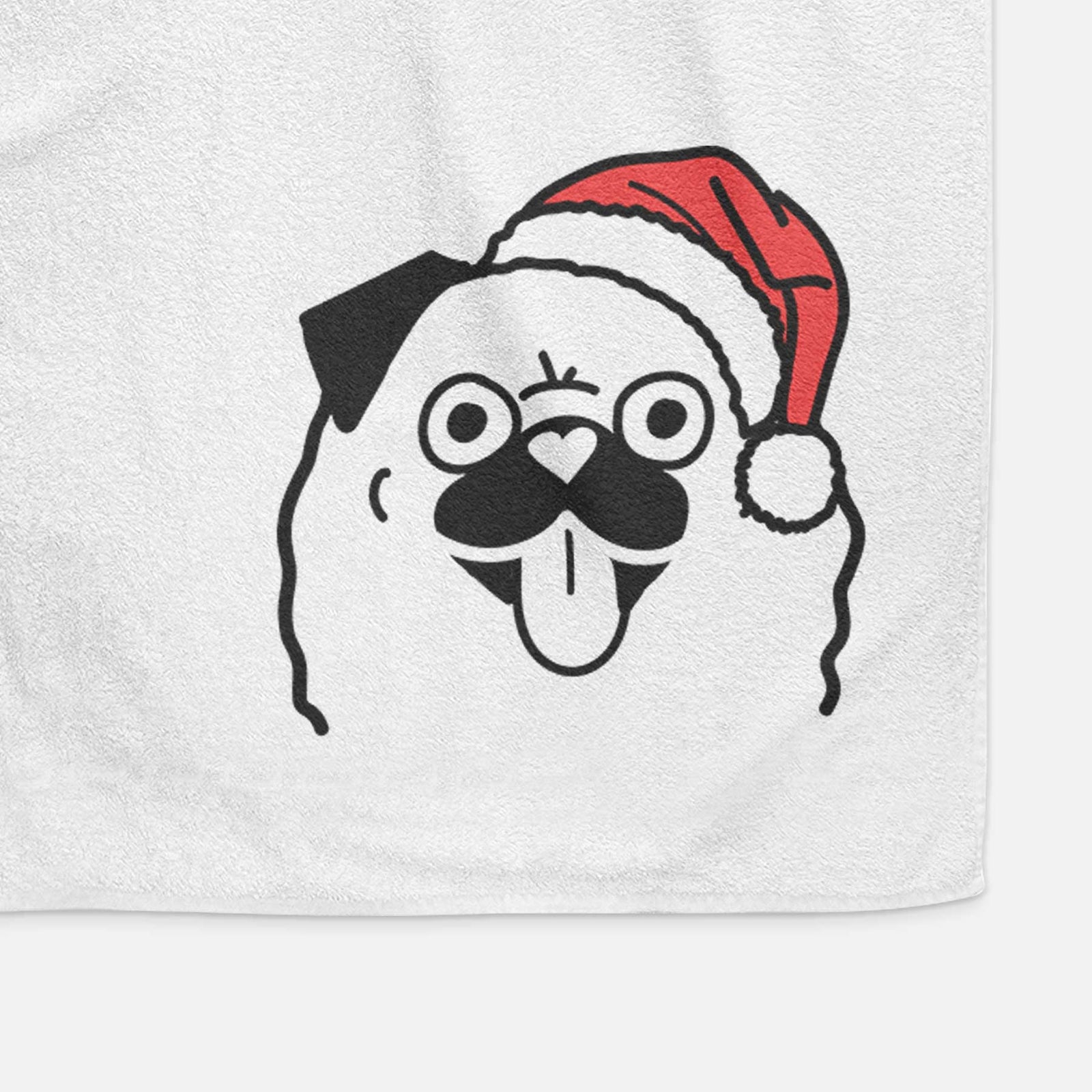 Minimalist line drawing of a Pug wearing a Santa hat on a decorative hand towel