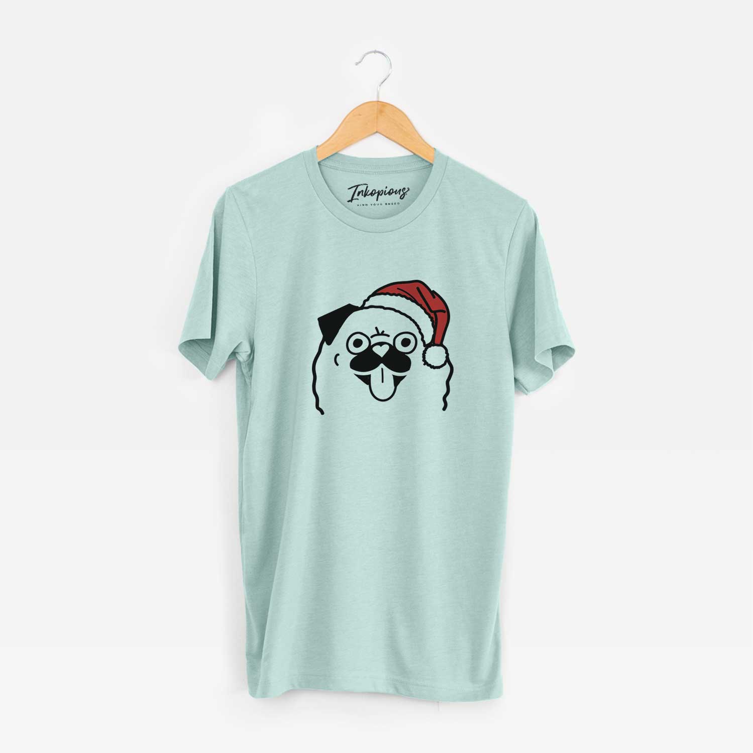 Minimalist line drawing of a Pug wearing a Santa hat on a Heather Sage Unisex crewneck
