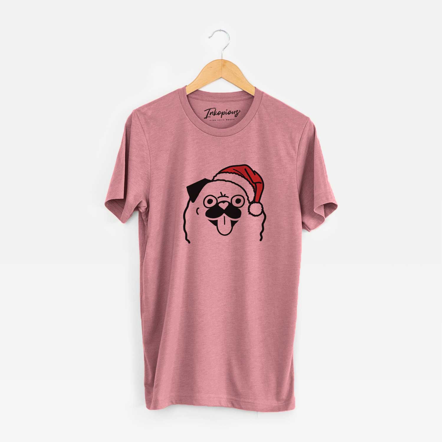 Minimalist line drawing of a Pug wearing a Santa hat on a Mauve Unisex crewneck